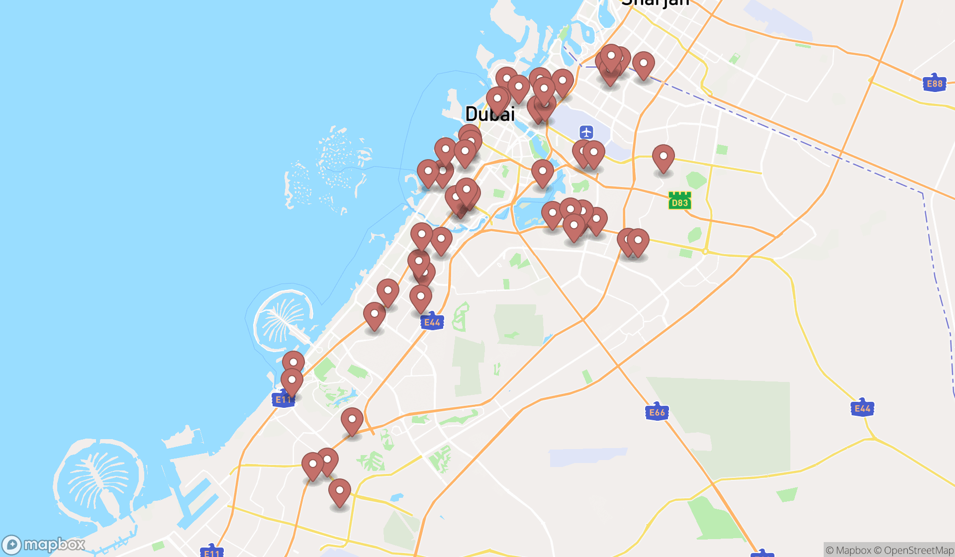 Map showing the search results in Dubai