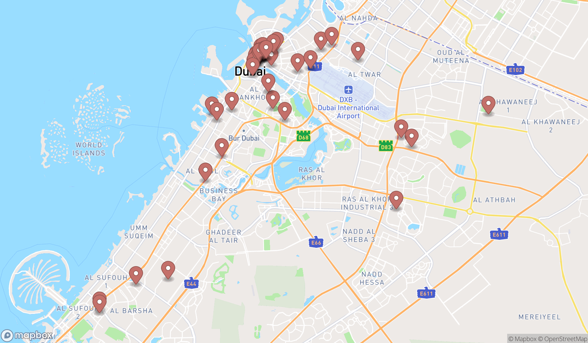 Map showing the search results in Dubai