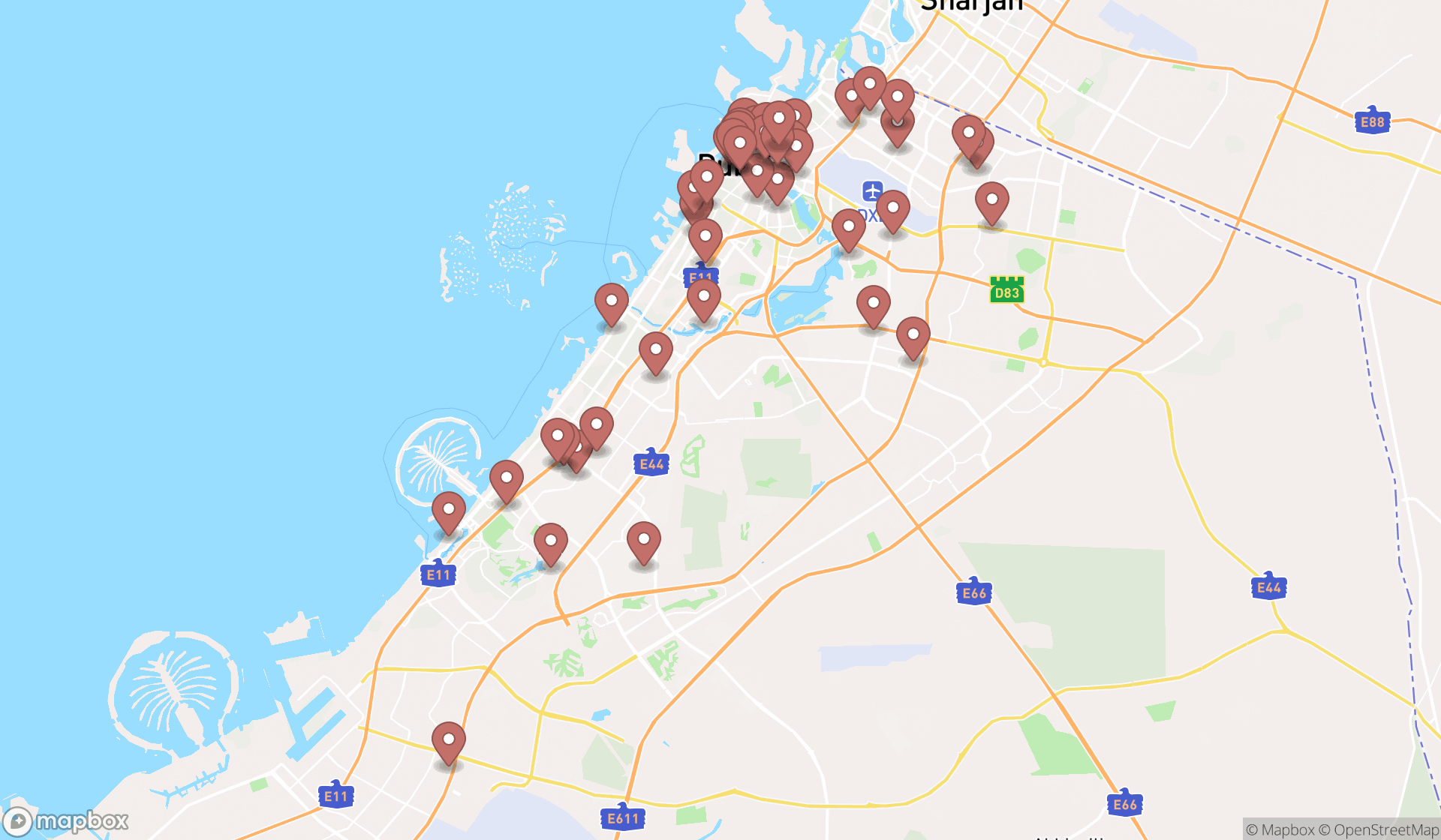 Map showing the search results in Dubai