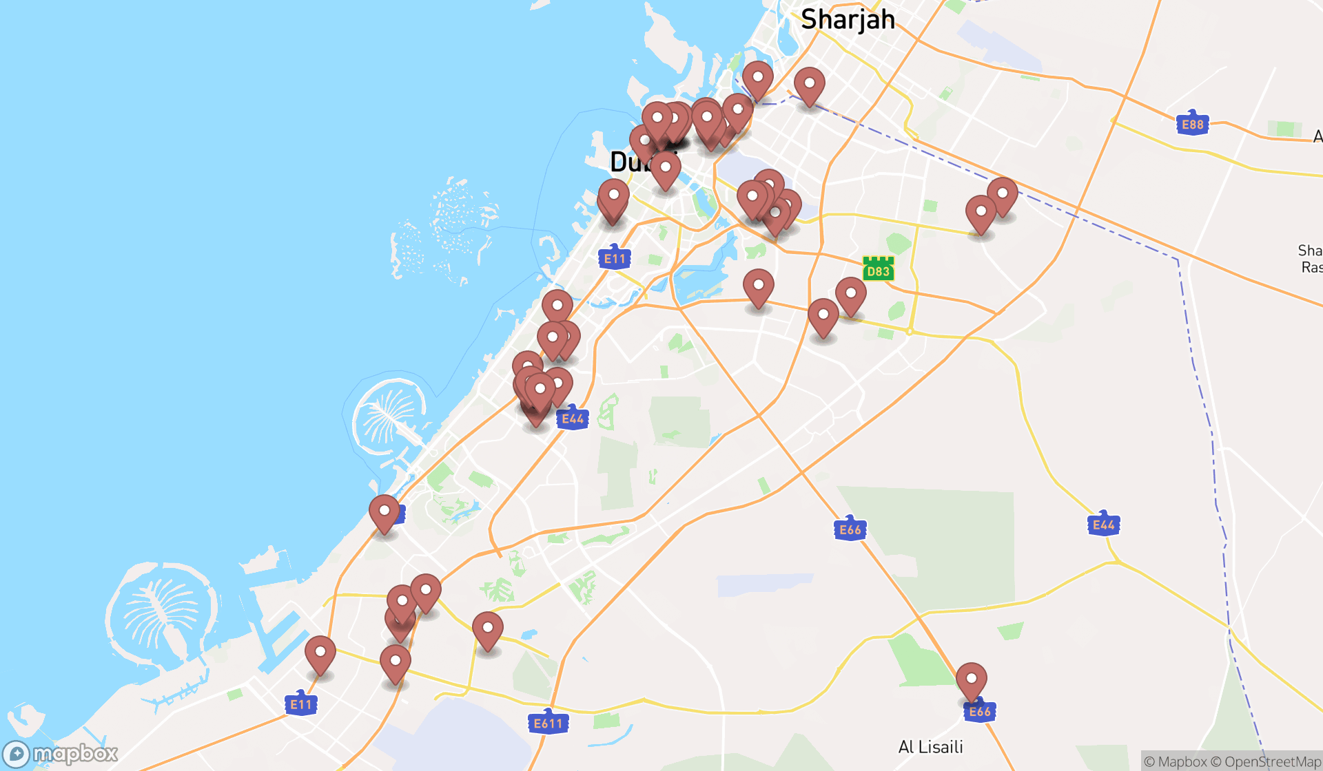 Map showing the search results in Dubai