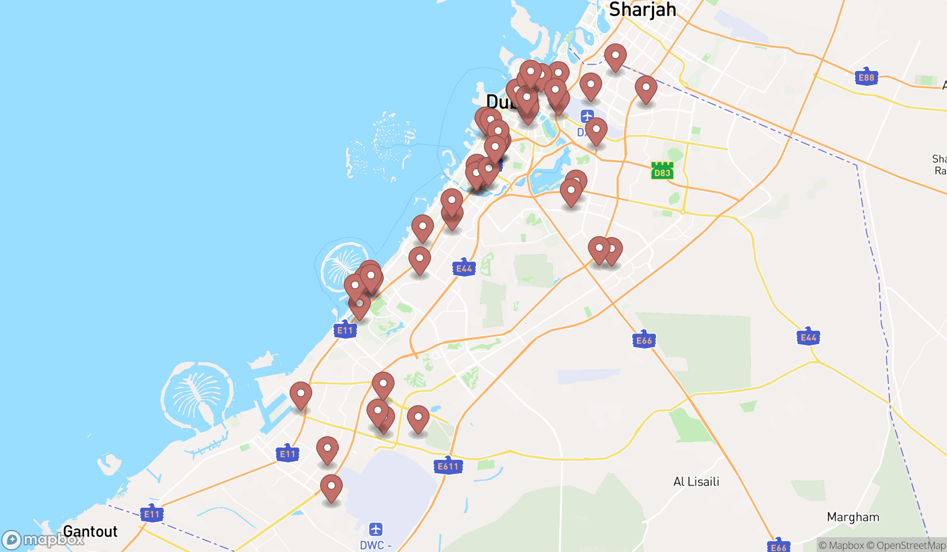 Map showing the search results in Dubai