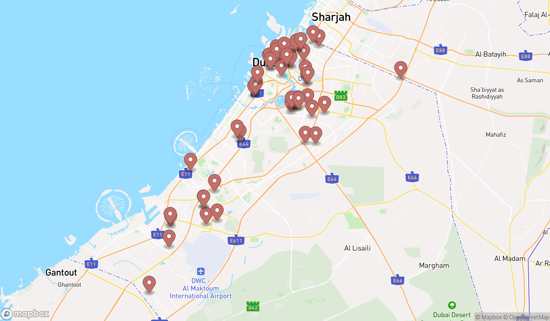Map showing the search results in Dubai