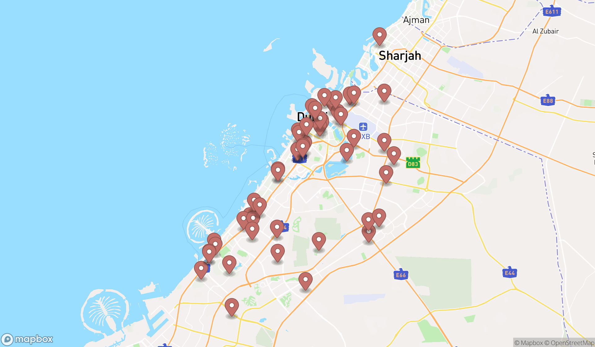 Map showing the search results in Dubai