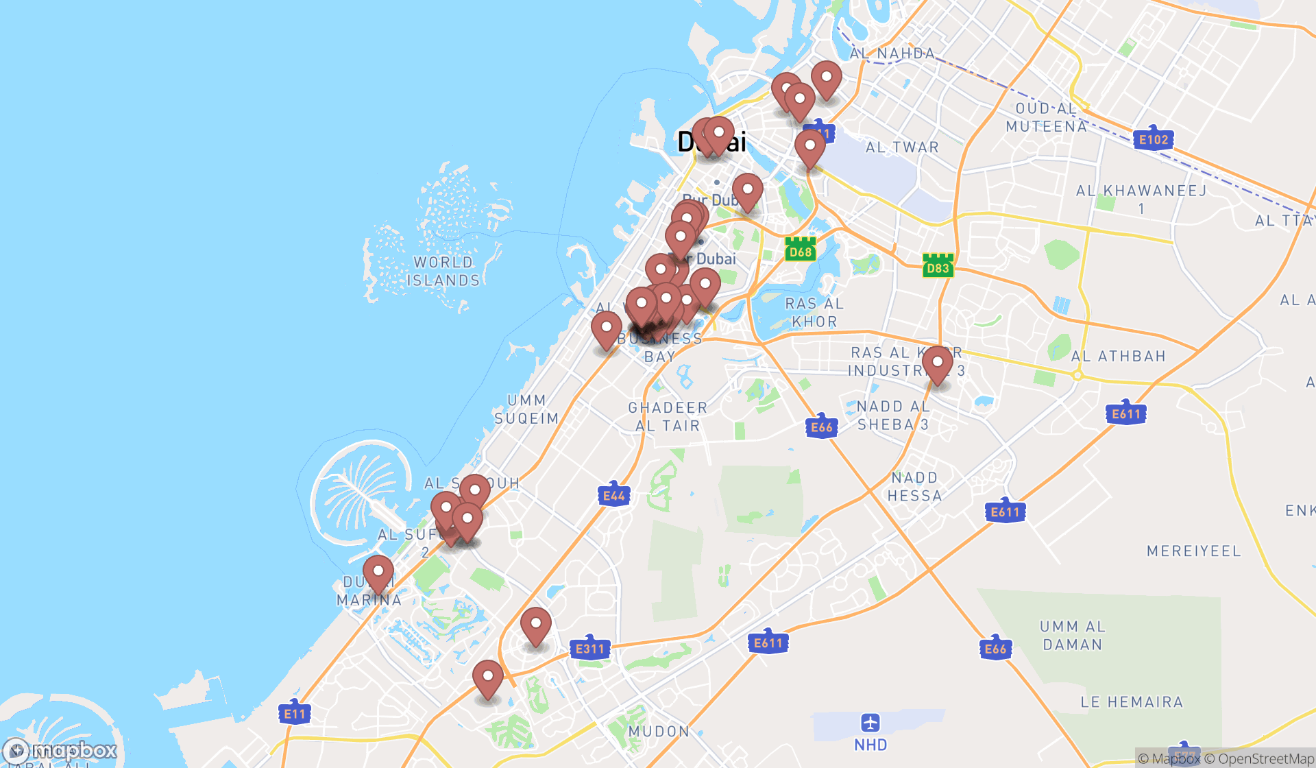 Map showing the search results in Dubai