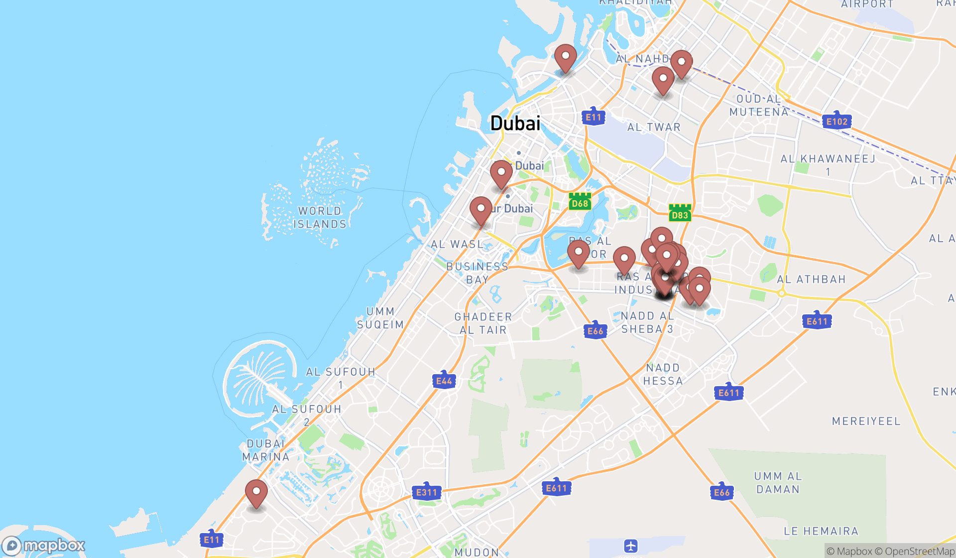 Map showing the search results in Dubai