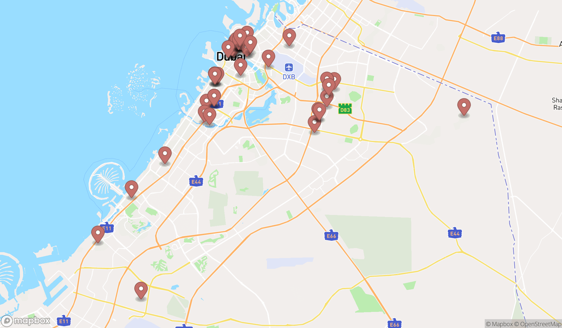 Map showing the search results in Dubai