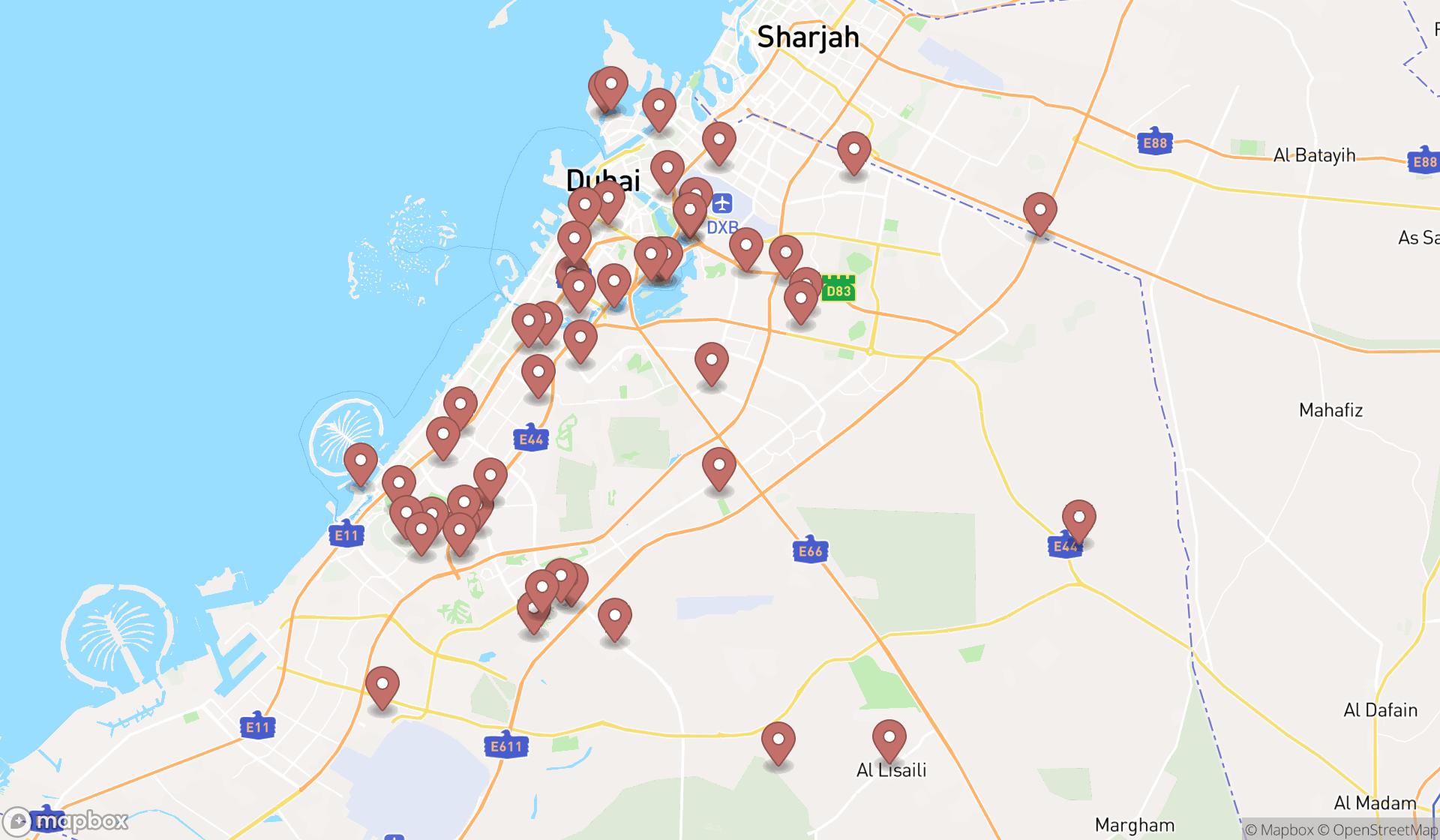 Map showing the search results in Dubai