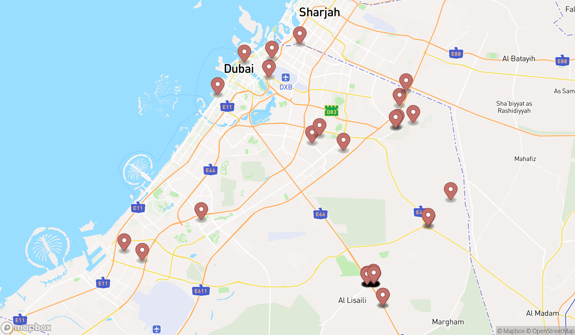 Map showing the search results in Dubai