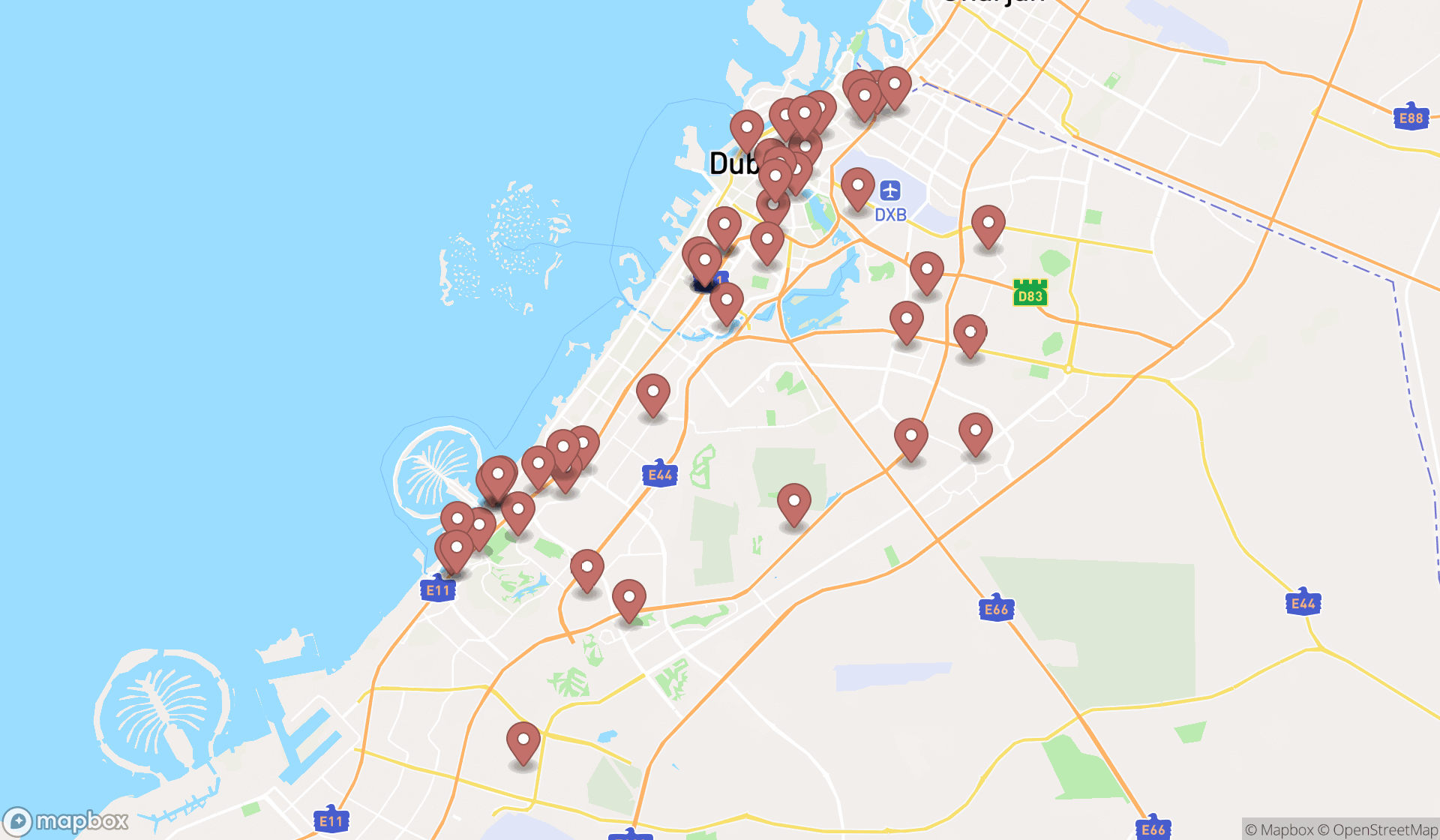 Map showing the search results in Dubai
