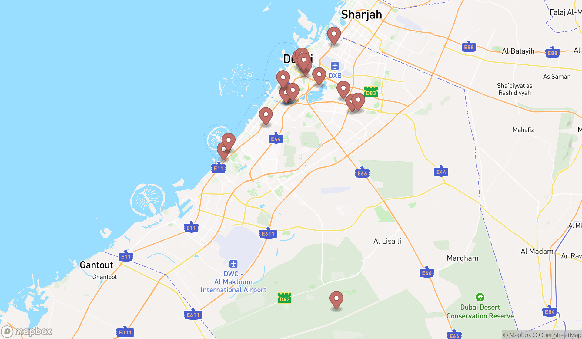 Map showing the search results in Dubai