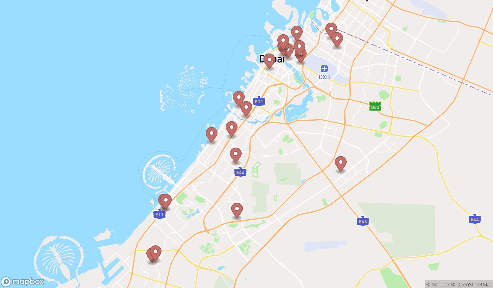 Map showing the search results in Dubai