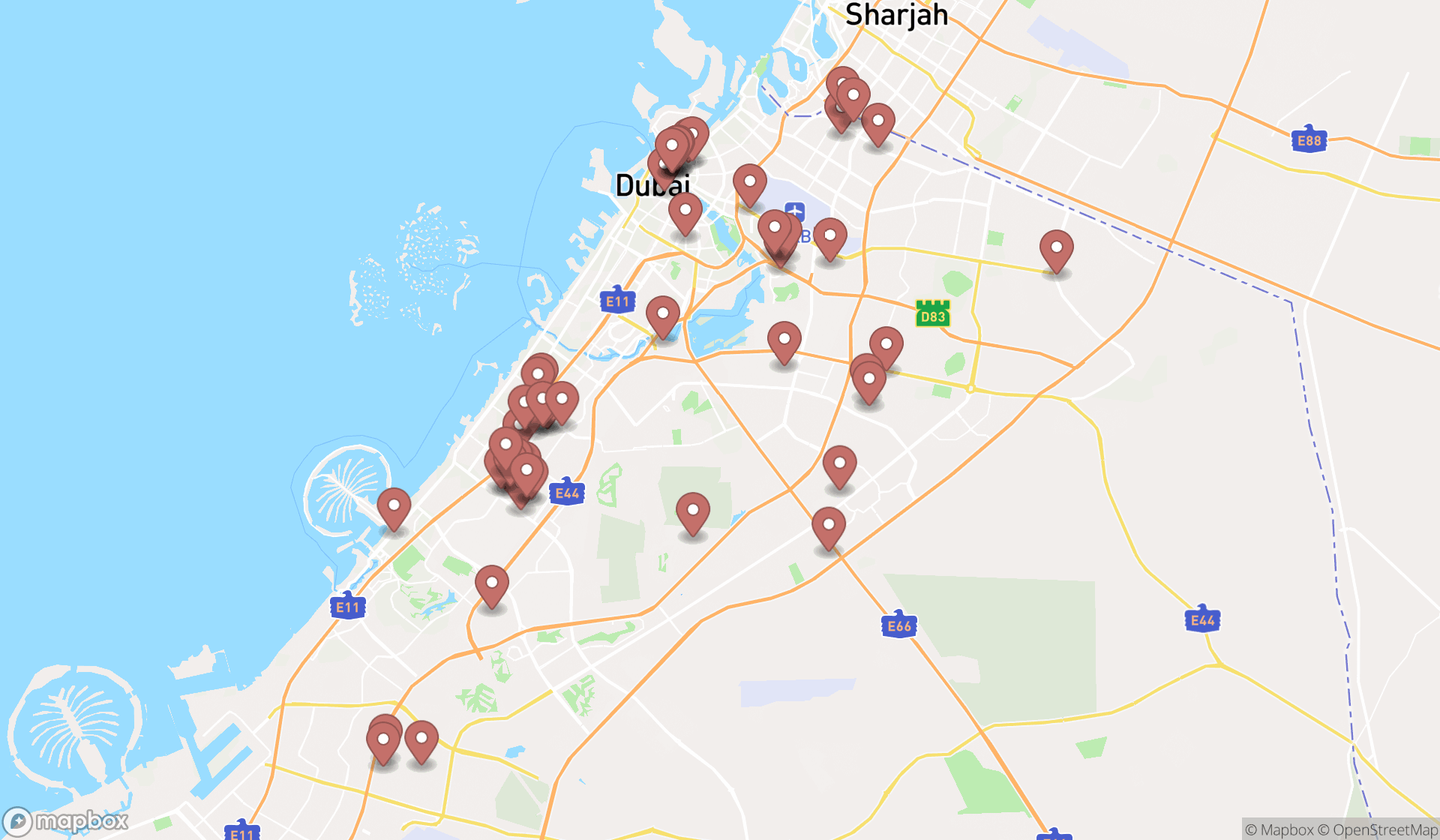 Map showing the search results in Dubai