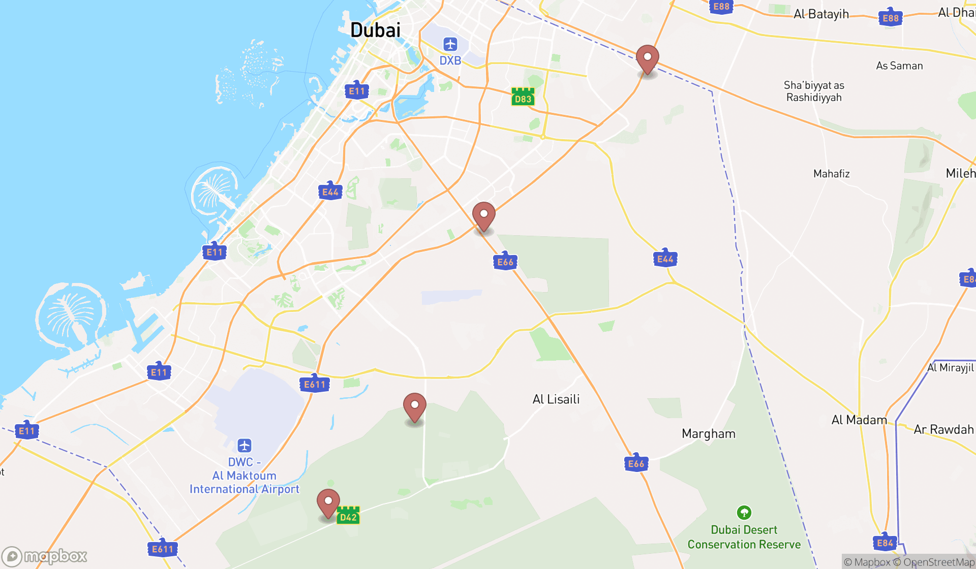 Map showing the search results in Dubai