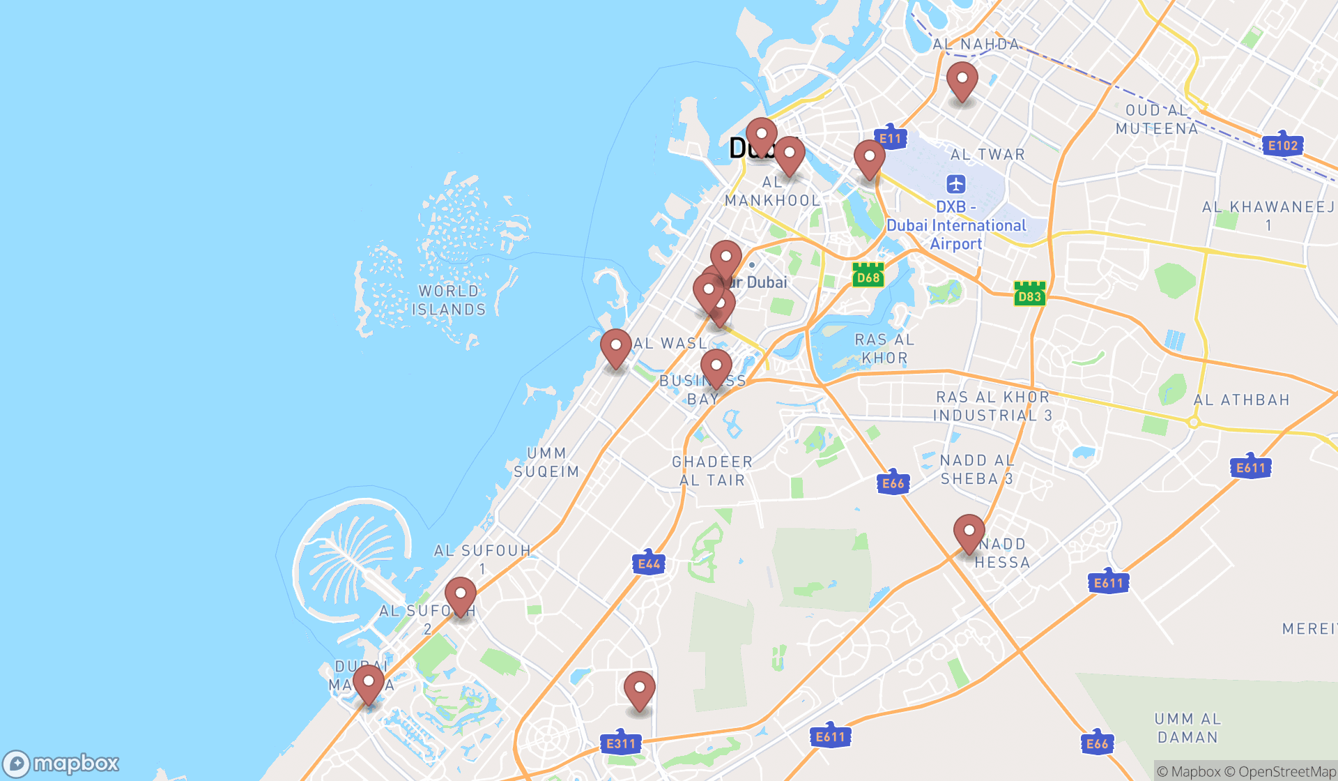 Map showing the search results in Dubai