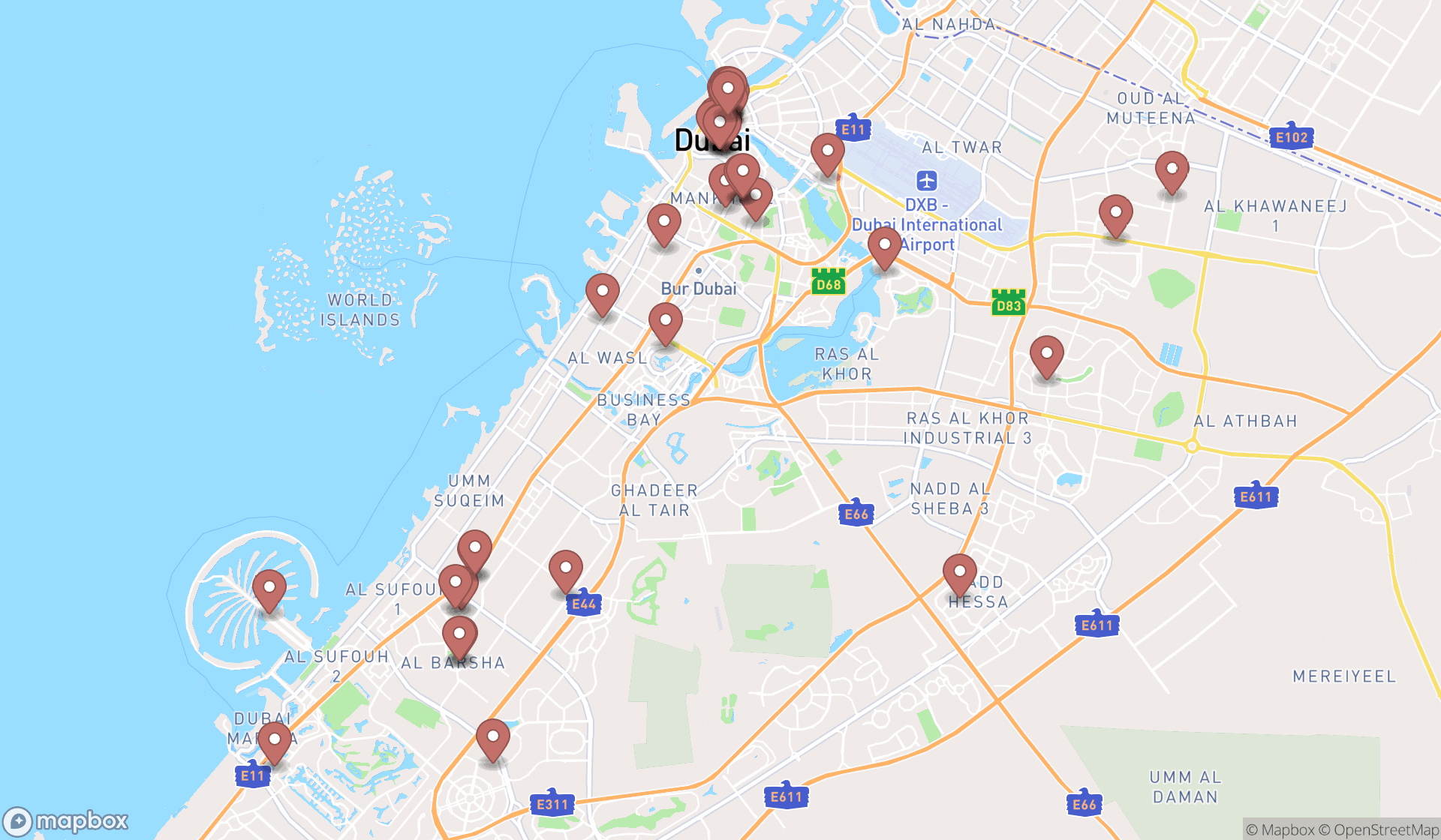Map showing the search results in Dubai