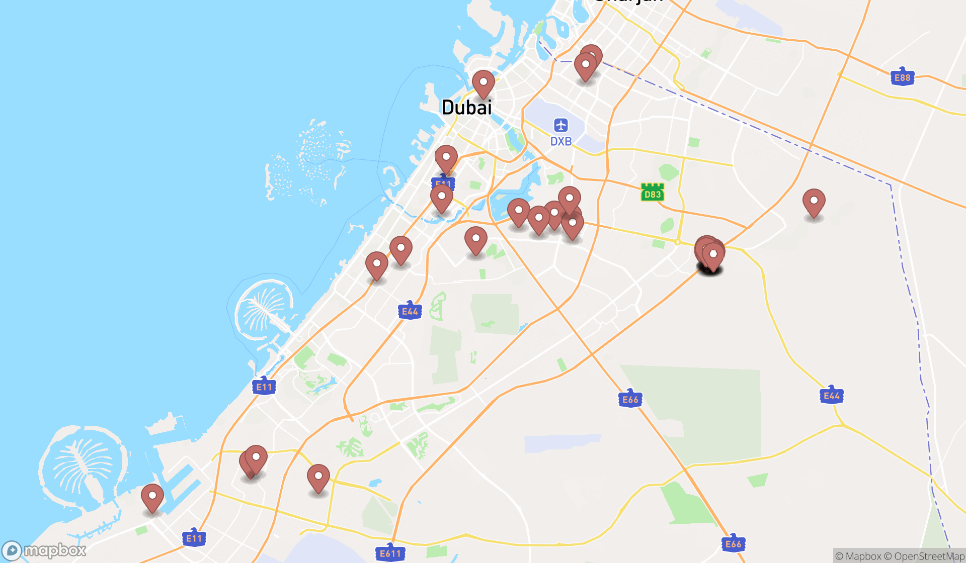 Map showing the search results in Dubai