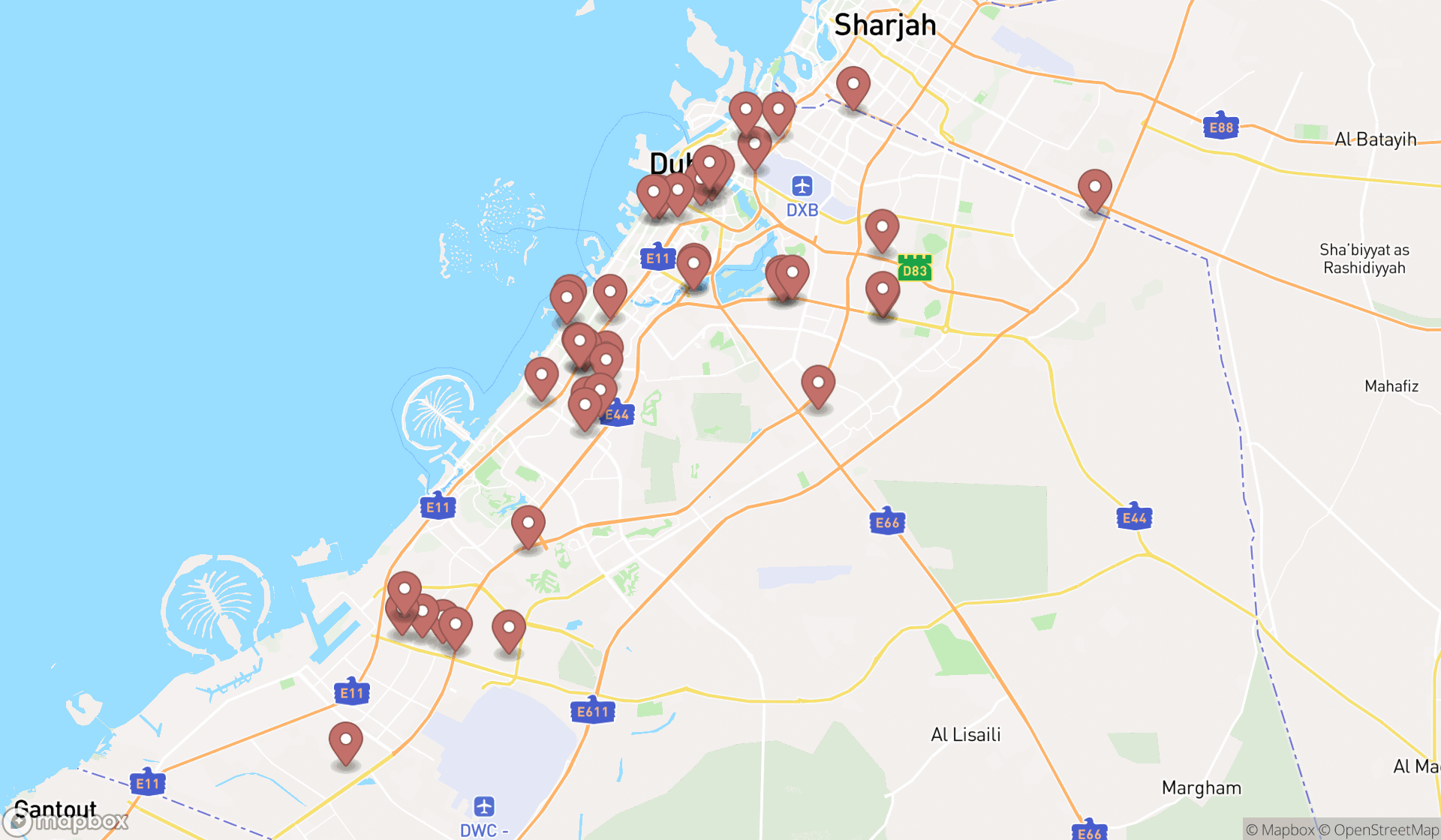 Map showing the search results in Dubai