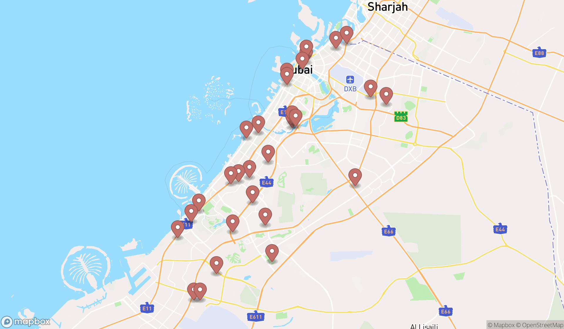 Map showing the search results in Dubai