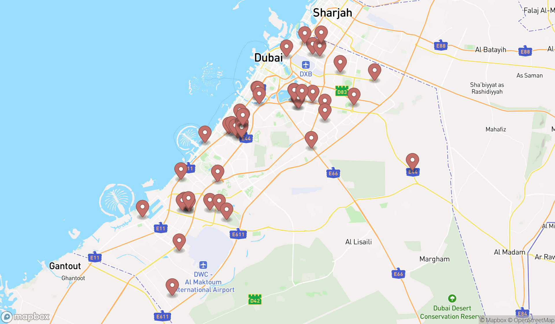 Map showing the search results in Dubai