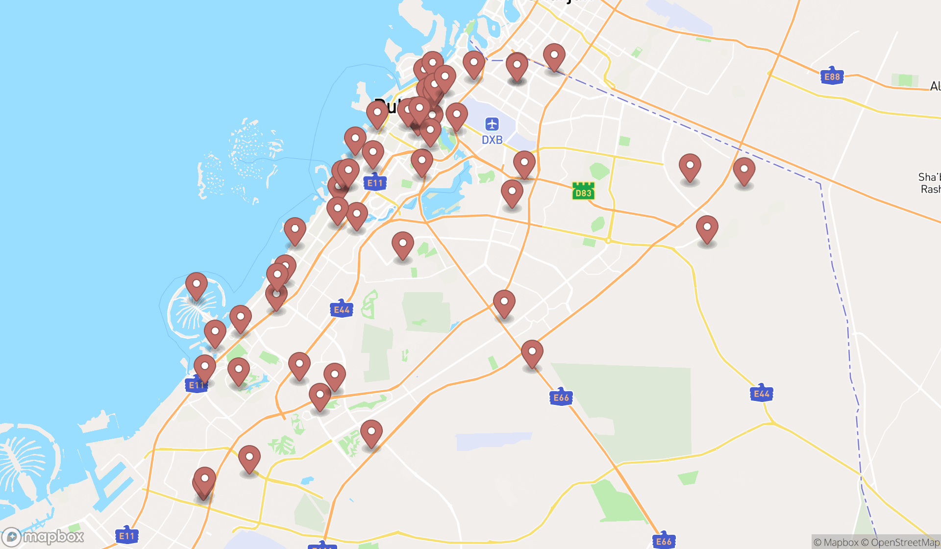 Map showing the search results in Dubai