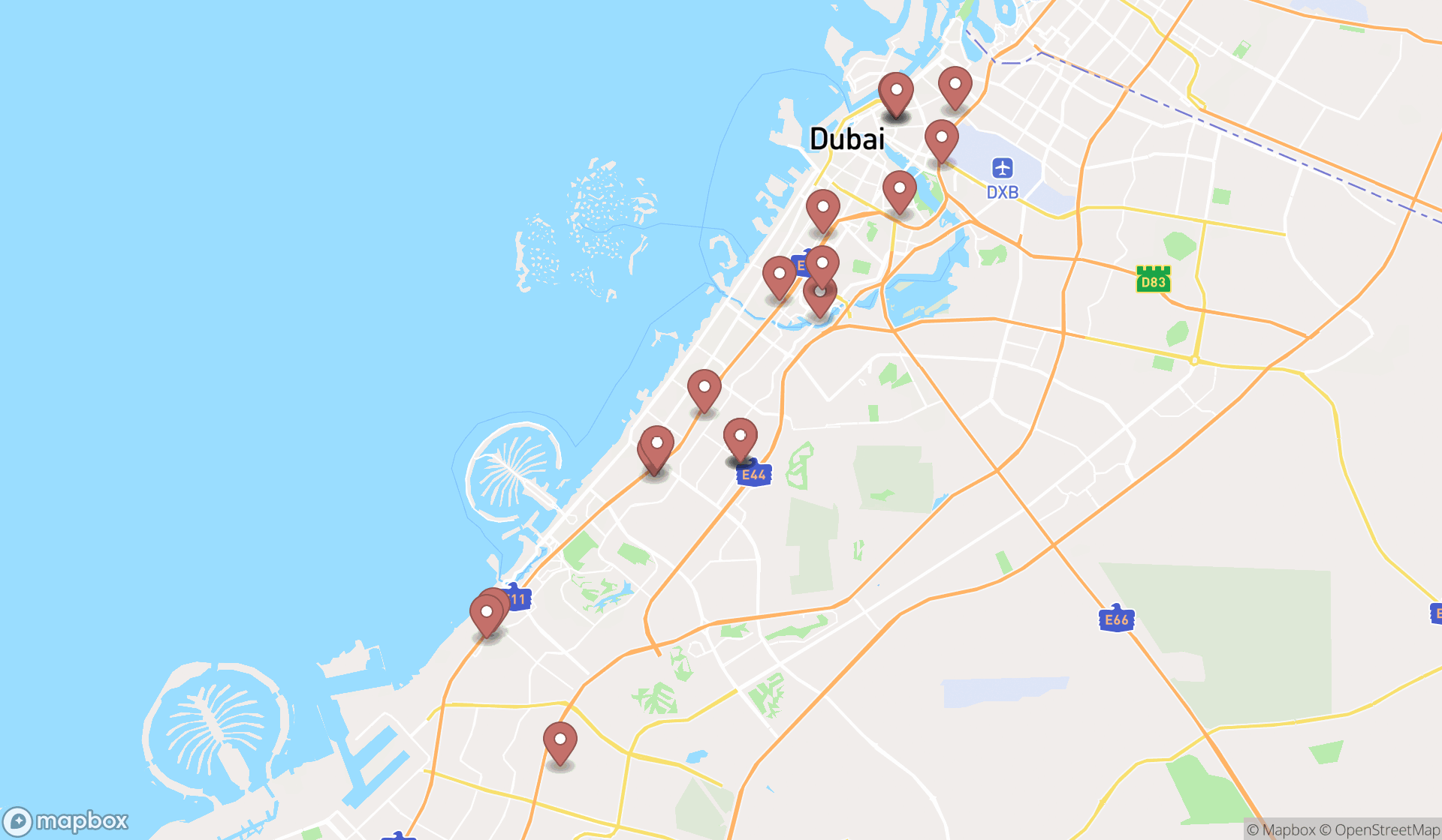 Map showing the search results in Dubai