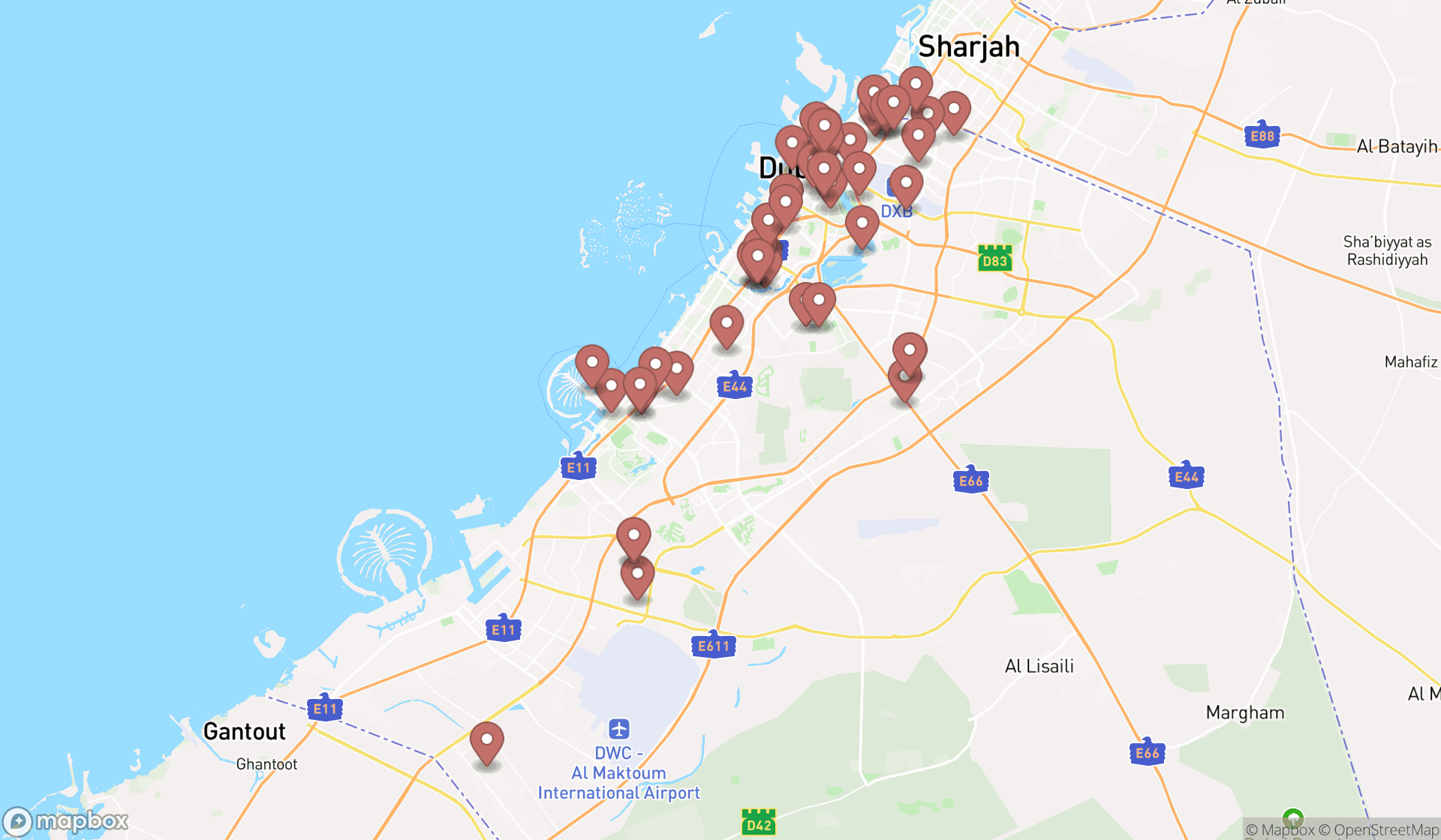 Map showing the search results in Dubai