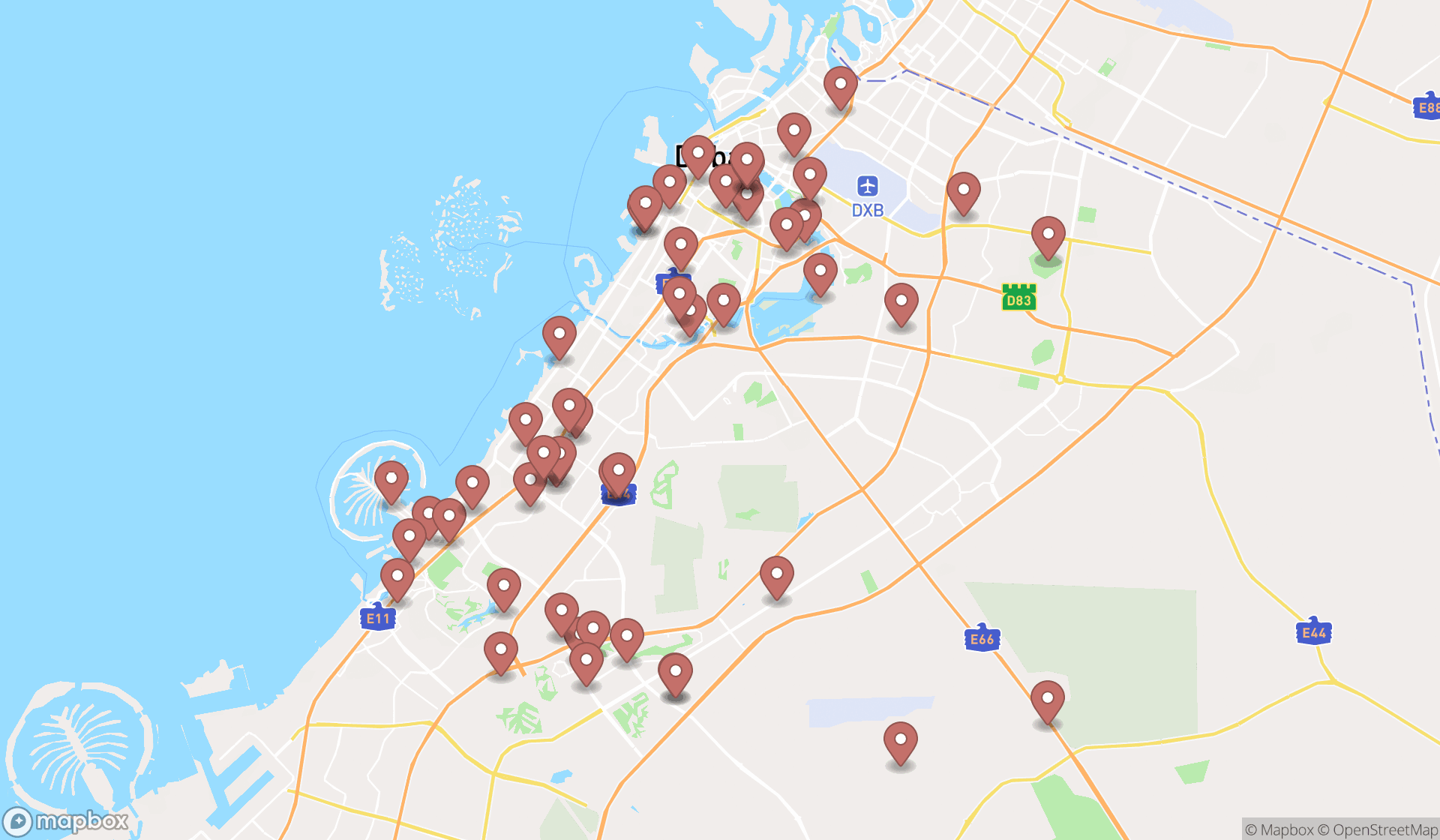 Map showing the search results in Dubai
