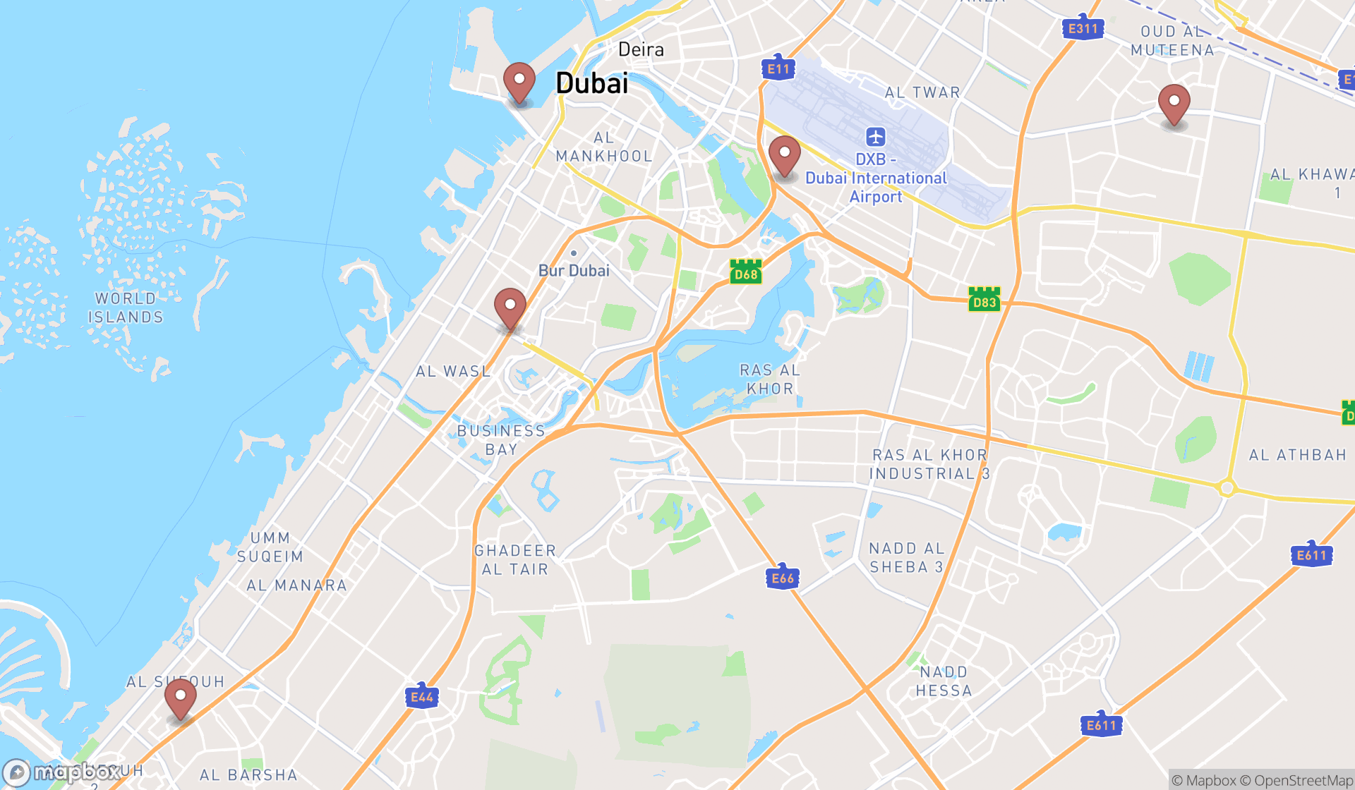 Map showing the search results in Dubai