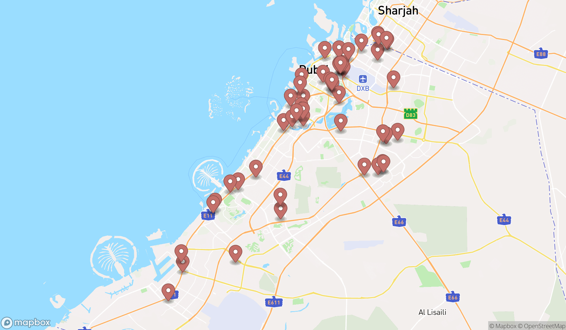 Map showing the search results in Dubai