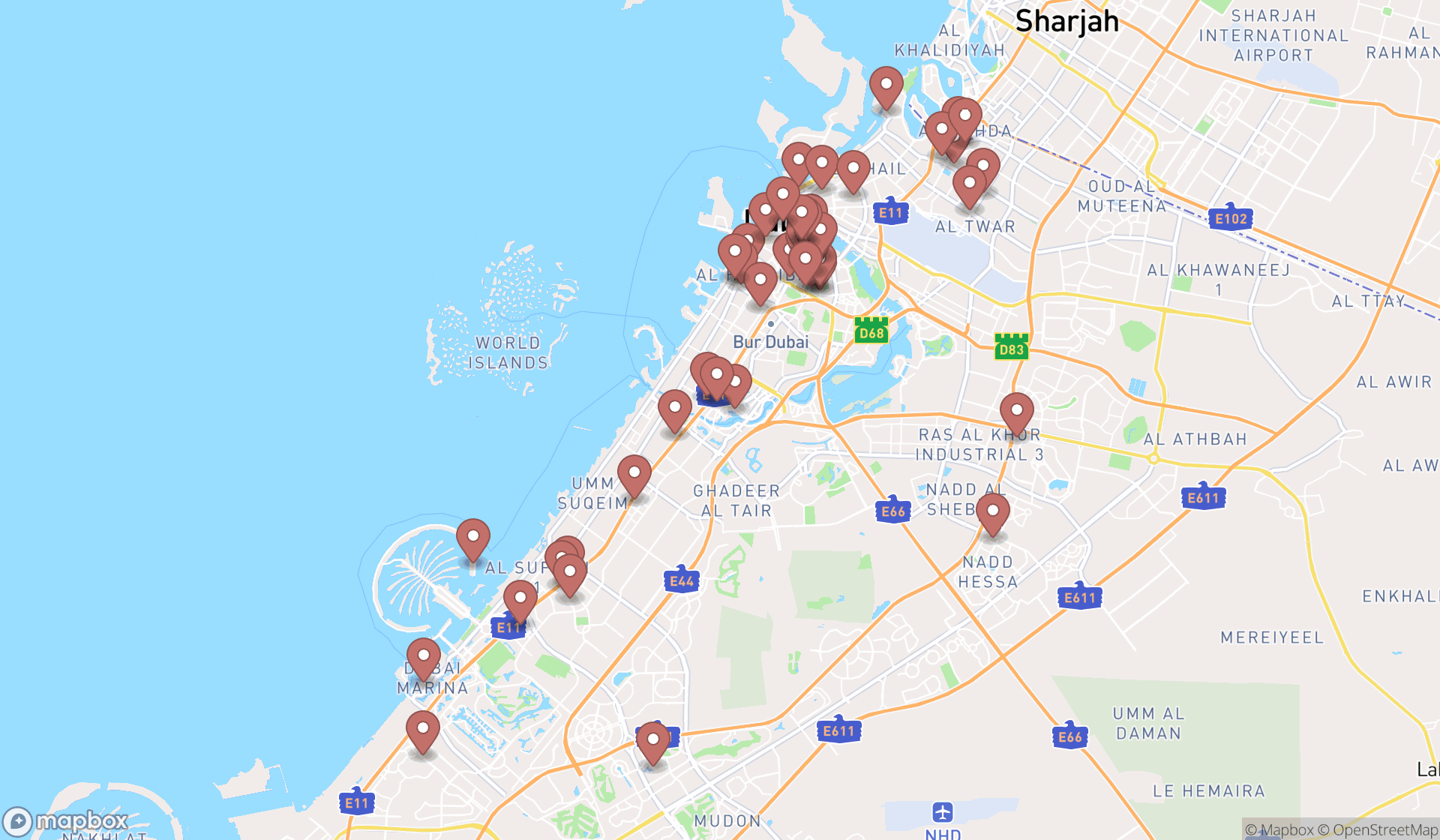 Map showing the search results in Dubai