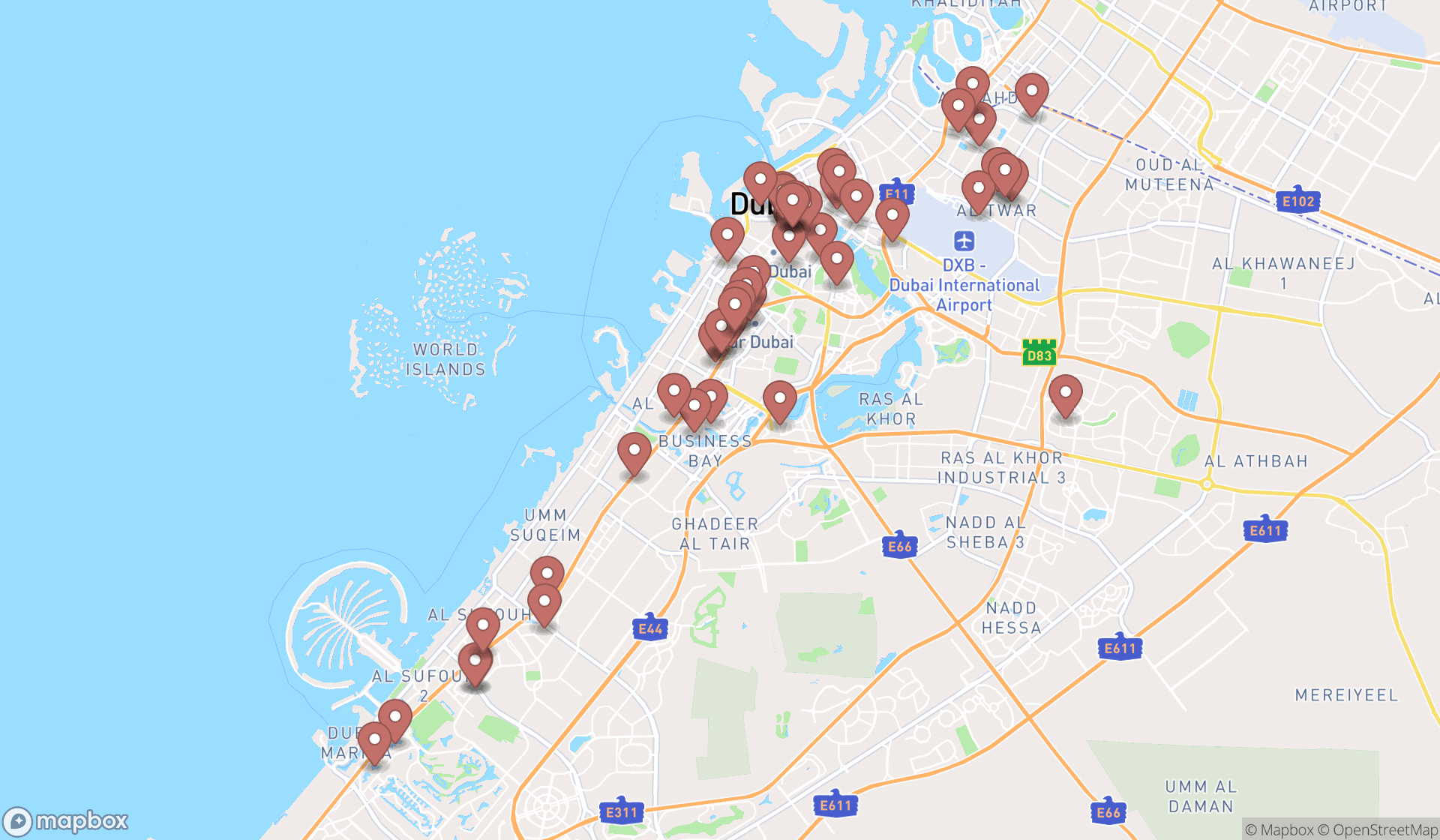 Map showing the search results in Dubai