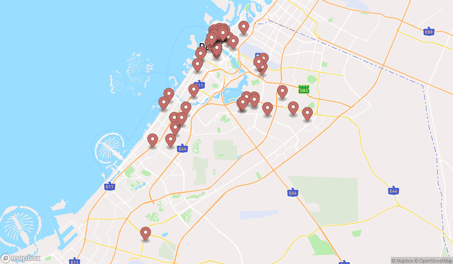 Map showing the search results in Dubai