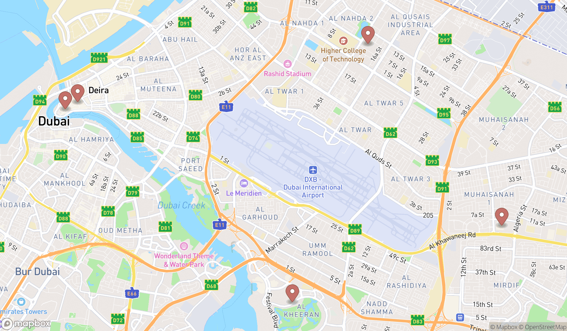 Map showing the search results in Dubai