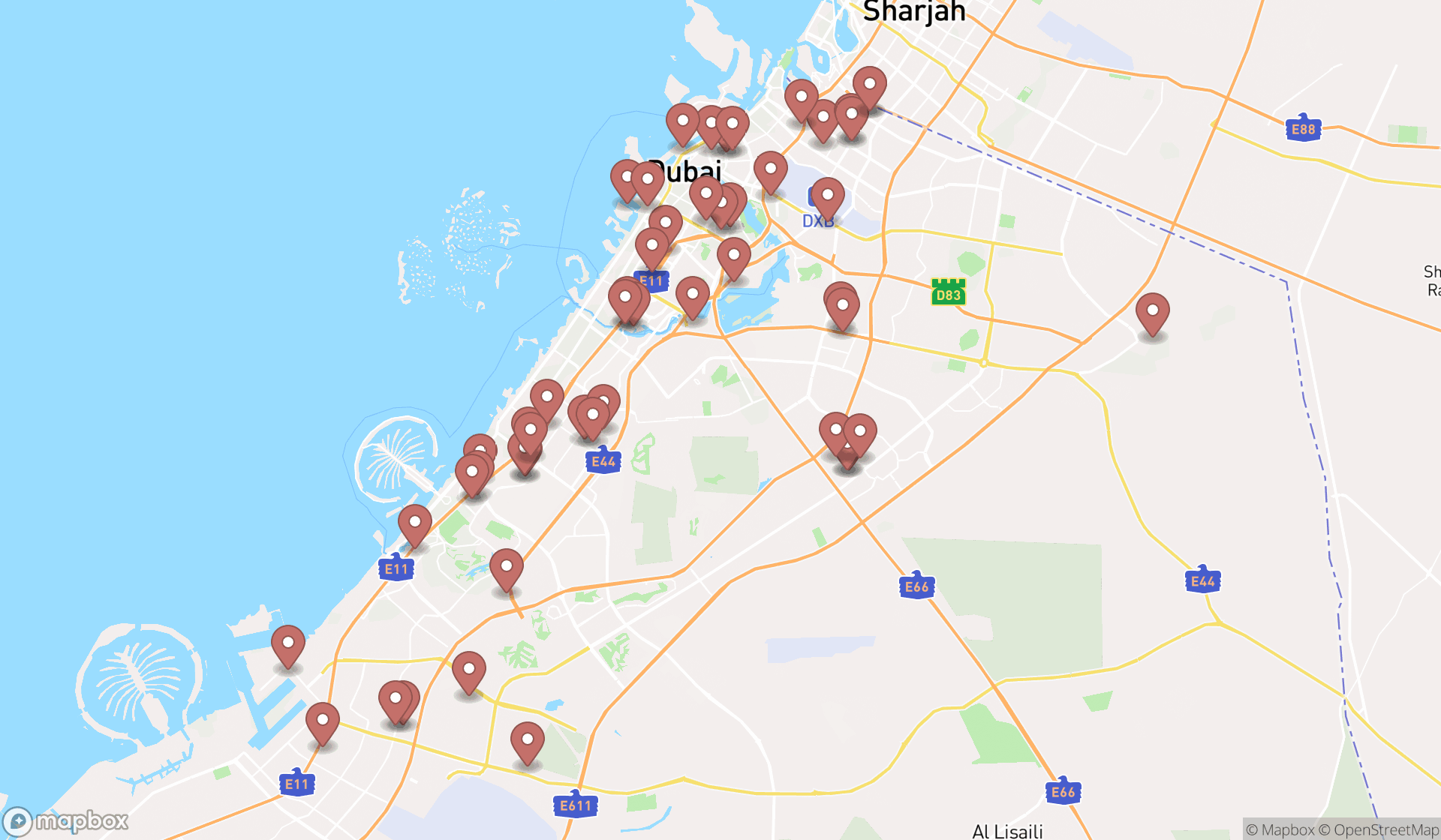 Map showing the search results in Dubai