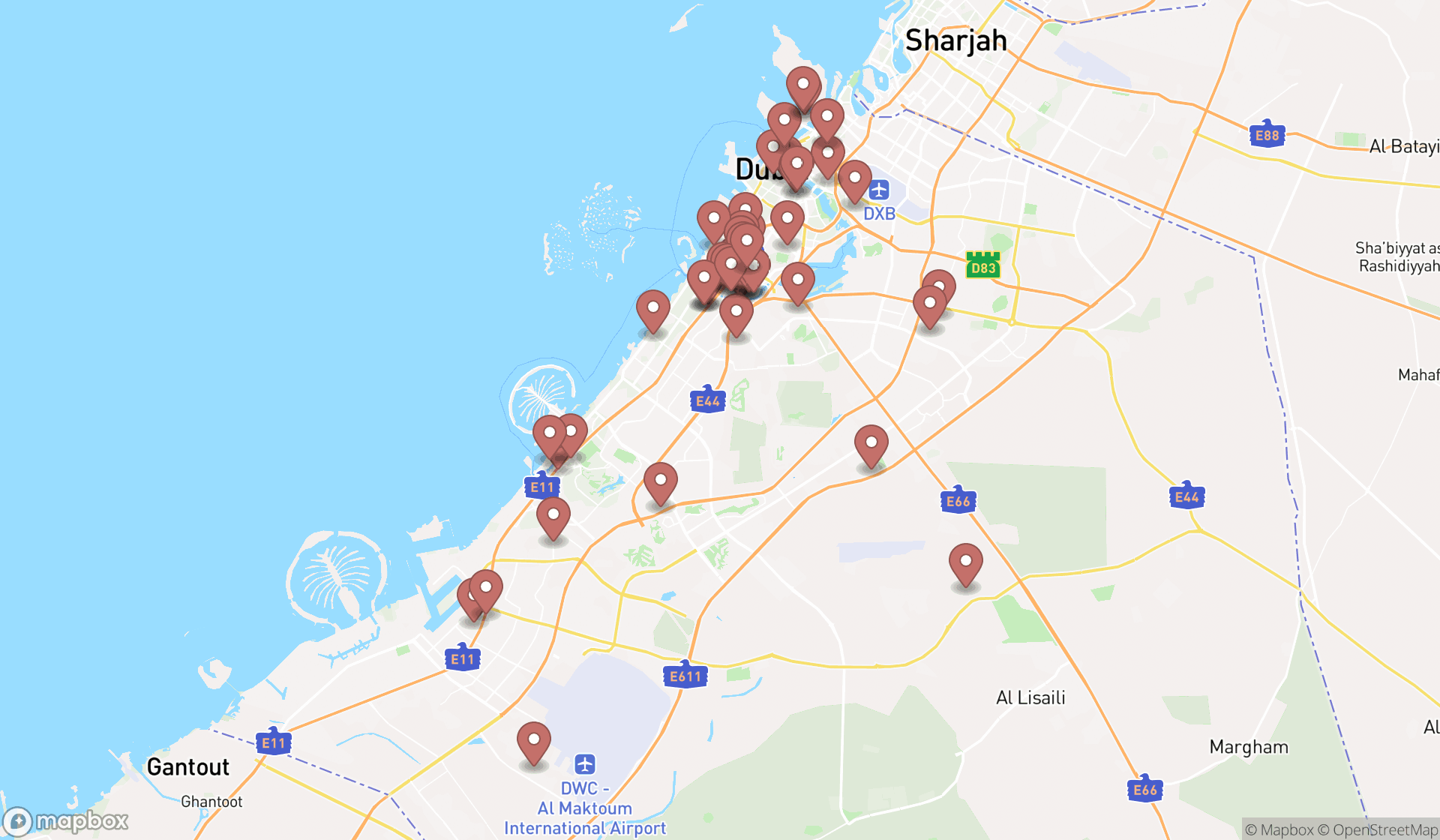 Map showing the search results in Dubai