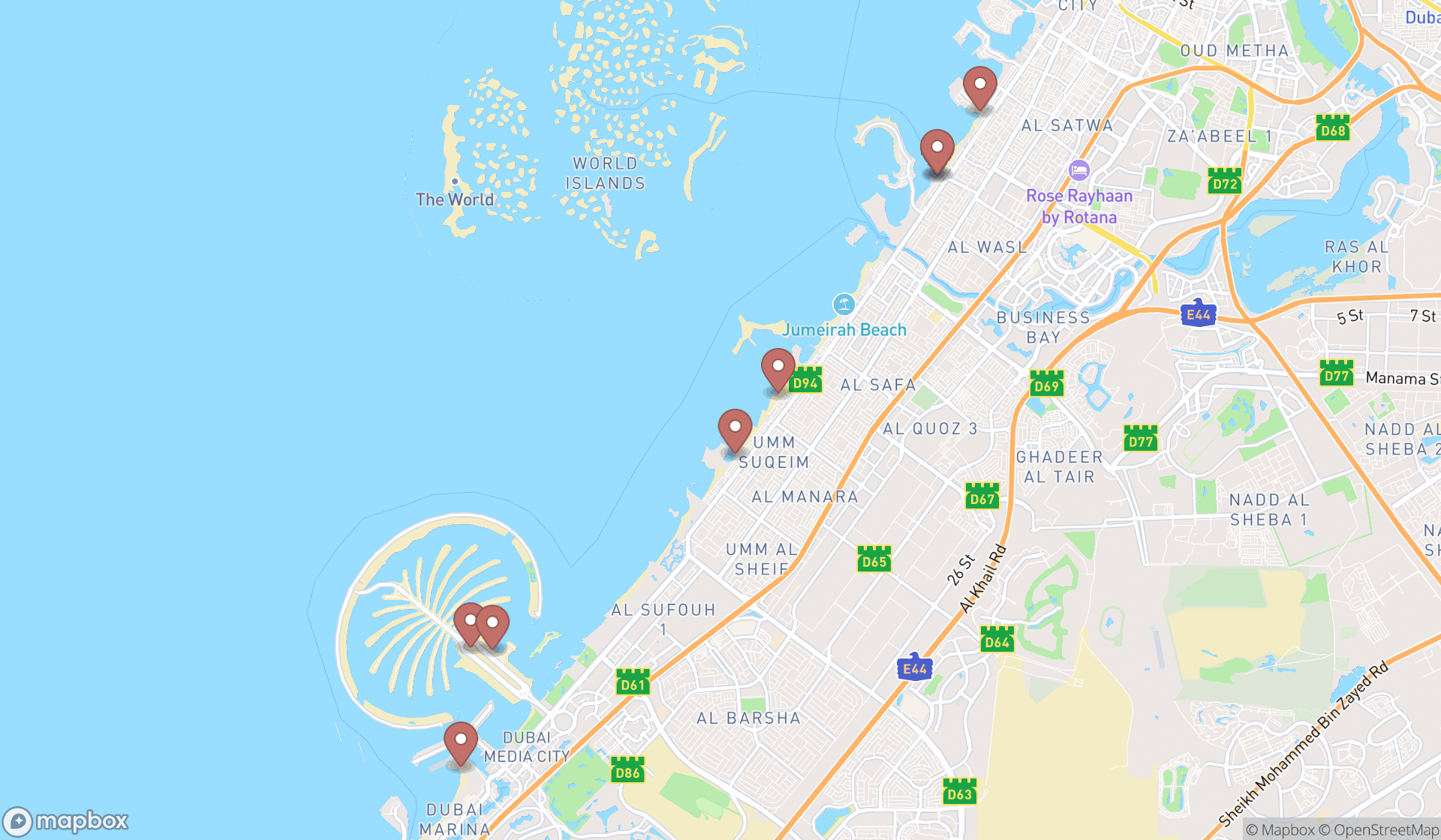 Map showing the search results in Dubai