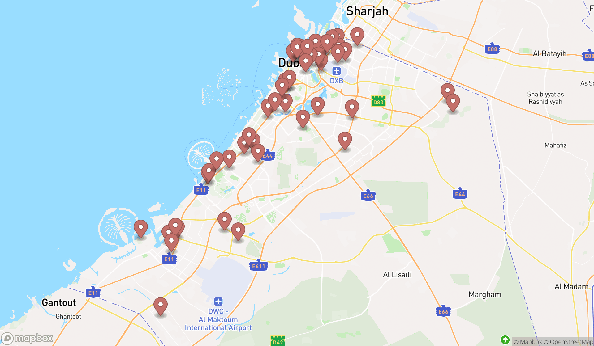 Map showing the search results in Dubai