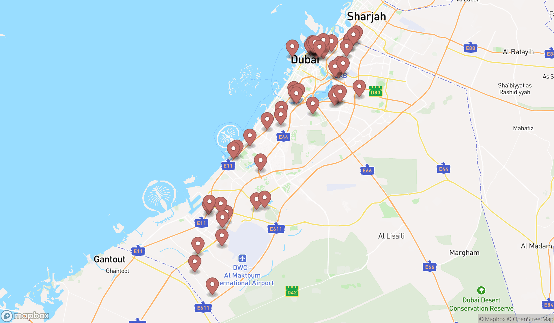 Map showing the search results in Dubai