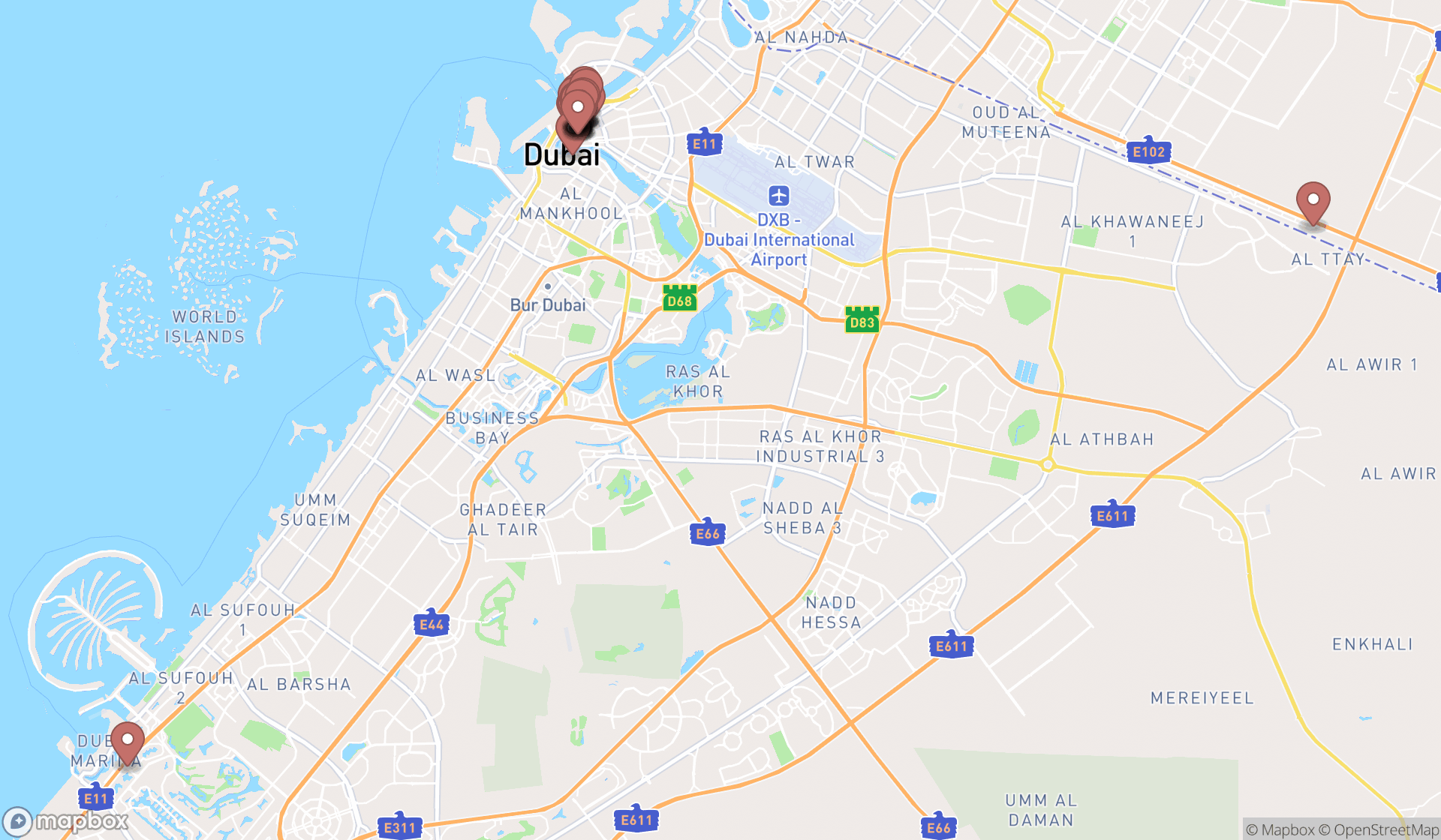 Map showing the search results in Dubai
