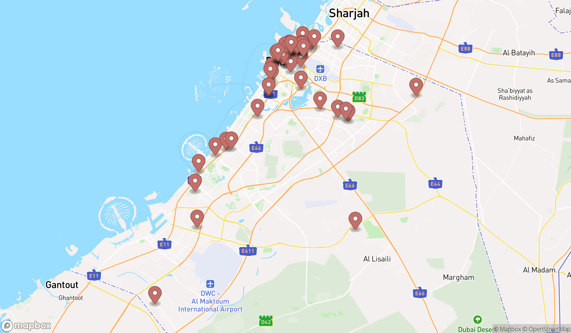 Map showing the search results in Dubai