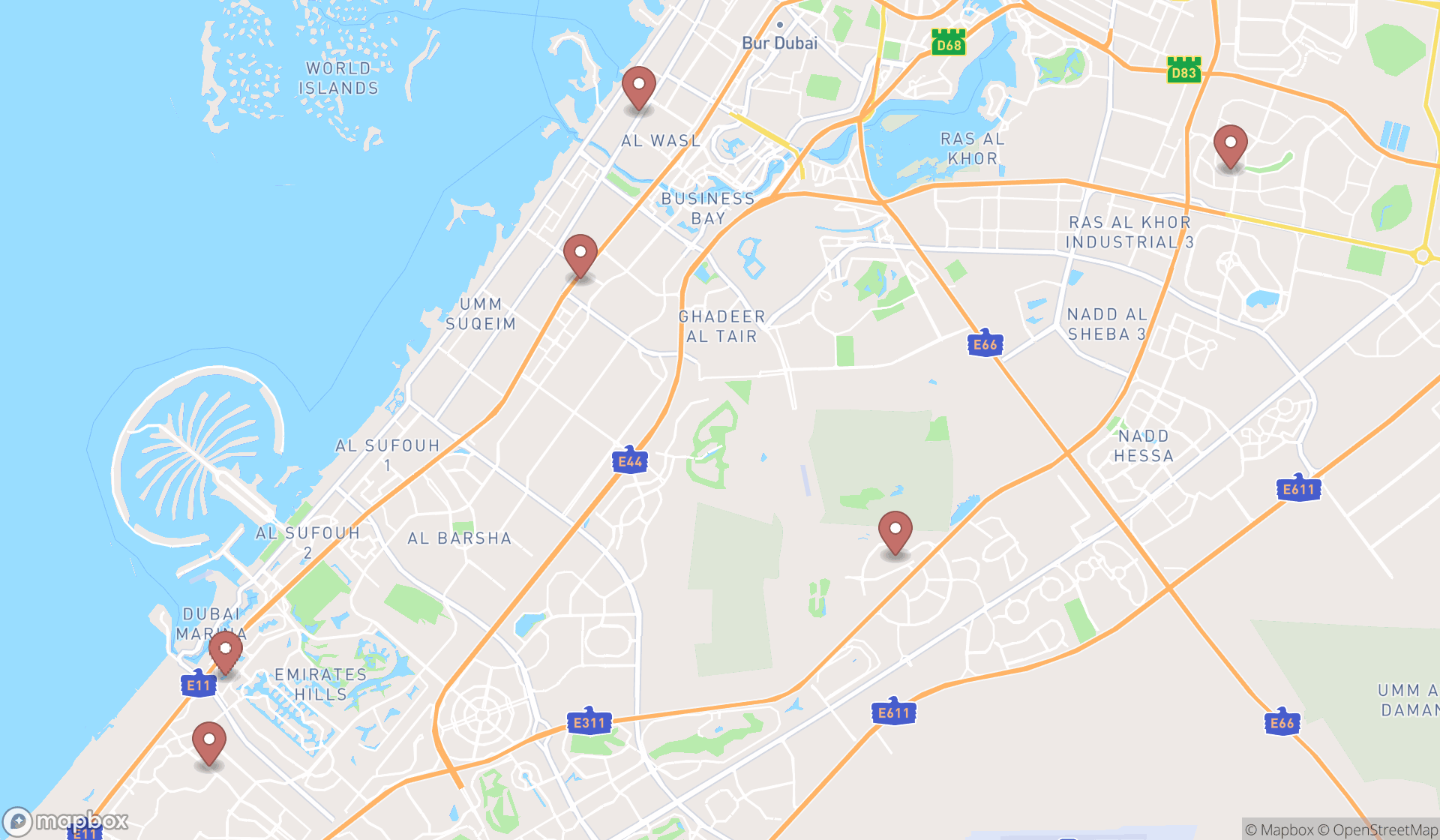 Map showing the search results in Dubai