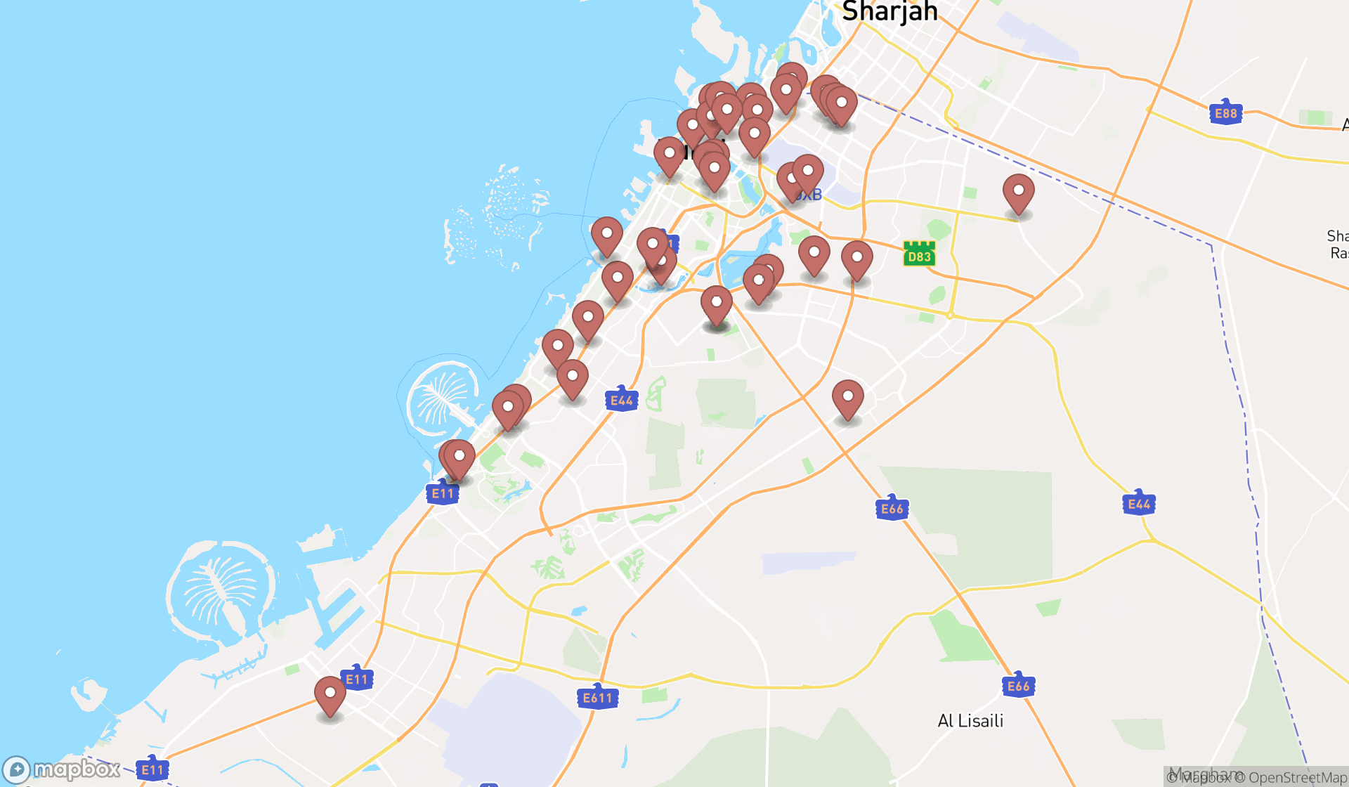 Map showing the search results in Dubai