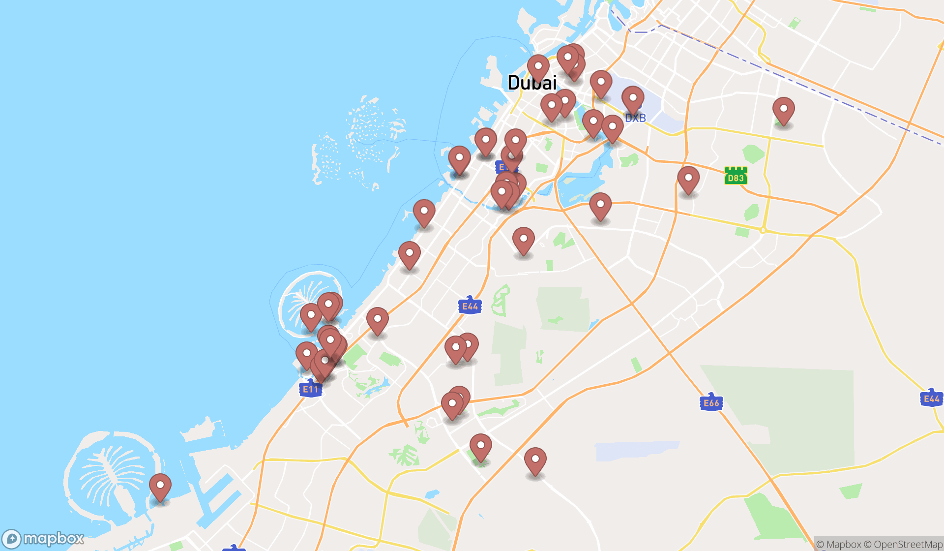 Map showing the search results in Dubai