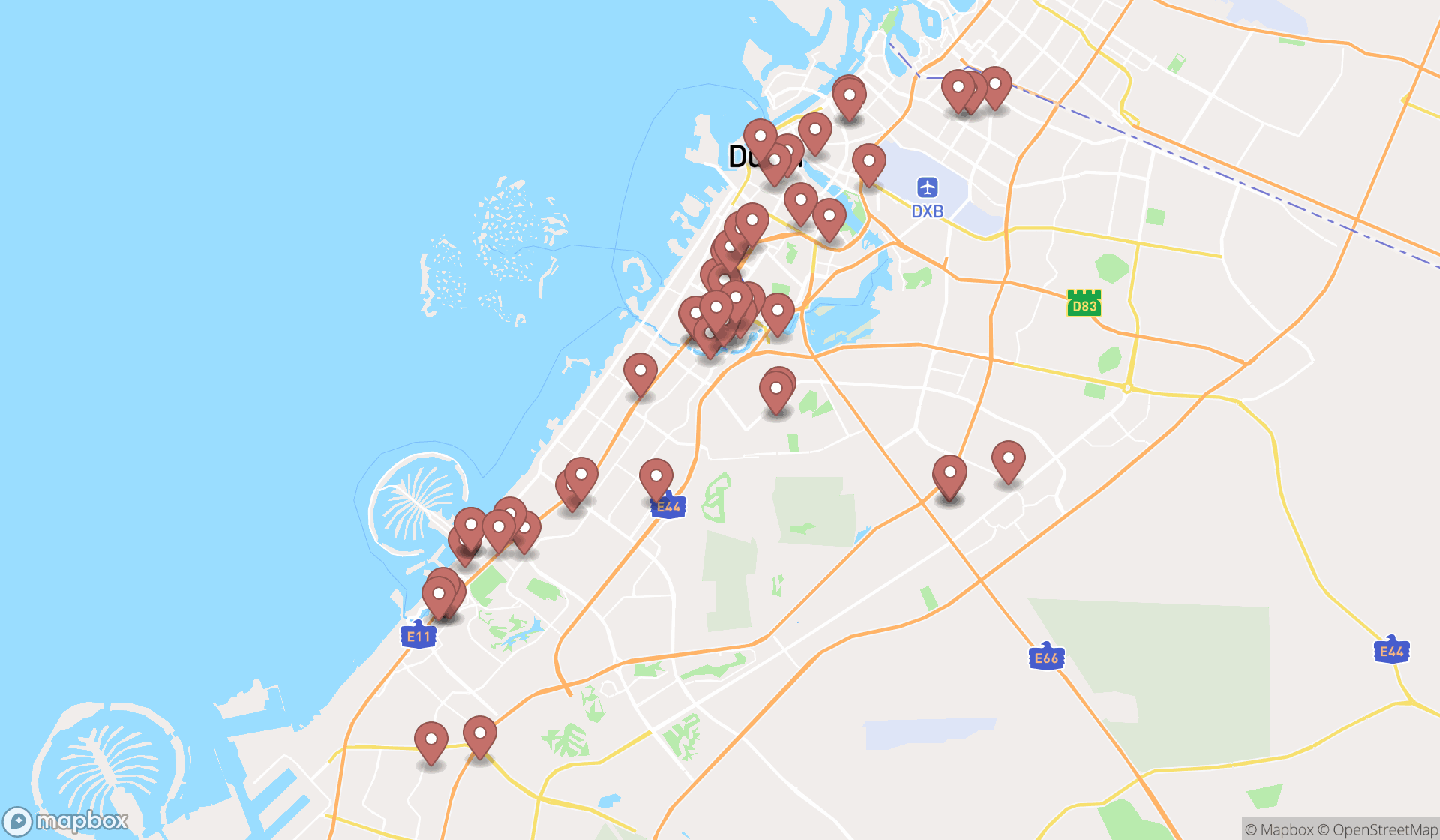 Map showing the search results in Dubai