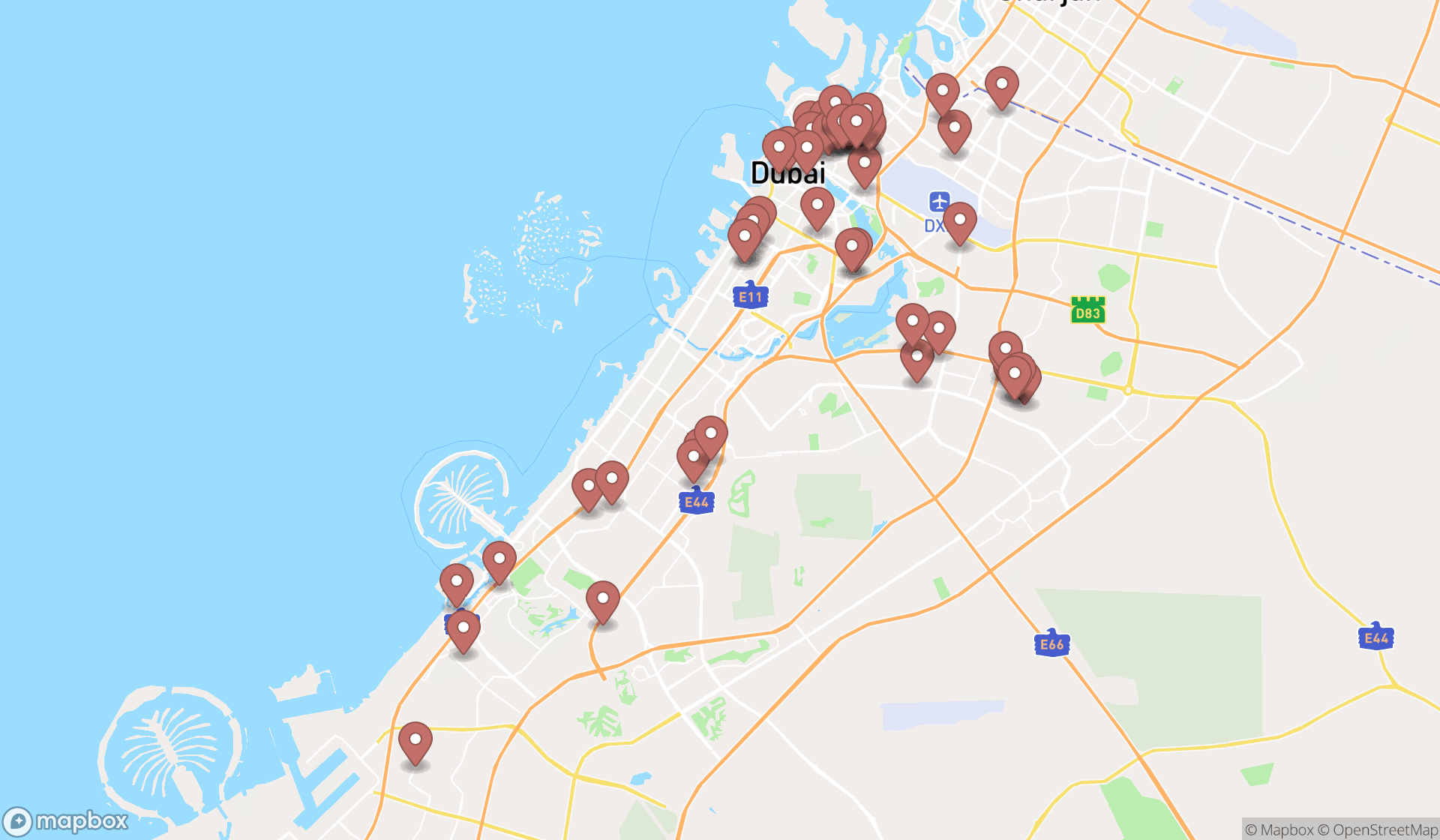 Map showing the search results in Dubai