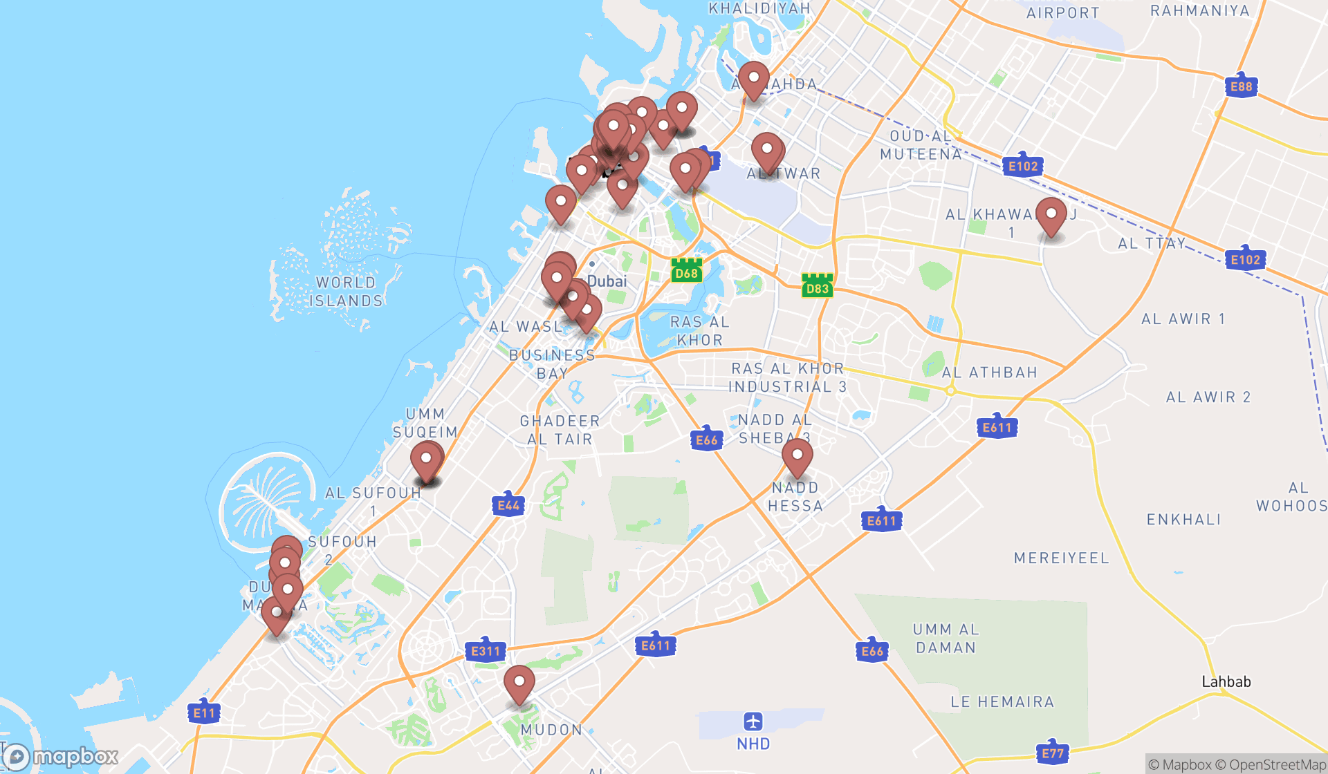 Map showing the search results in Dubai
