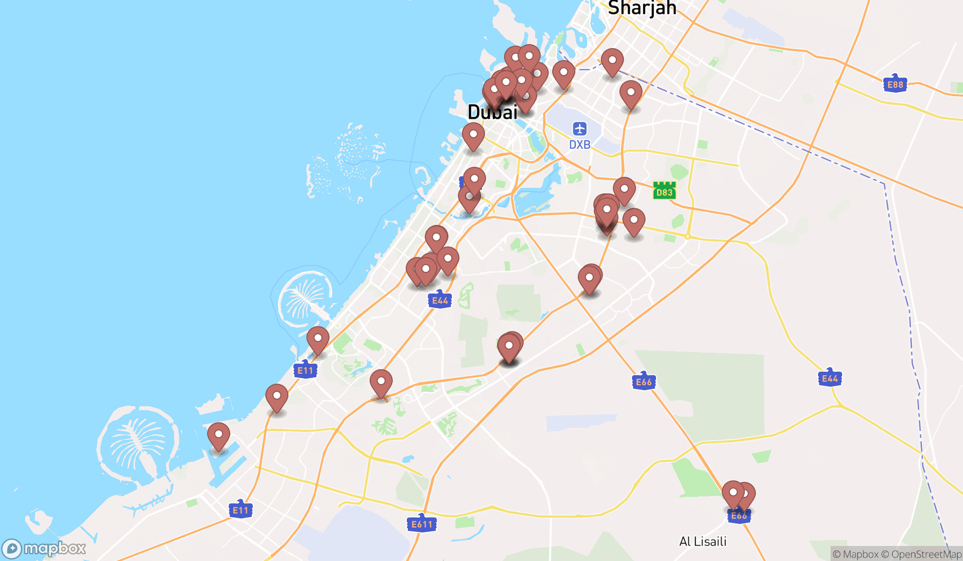 Map showing the search results in Dubai
