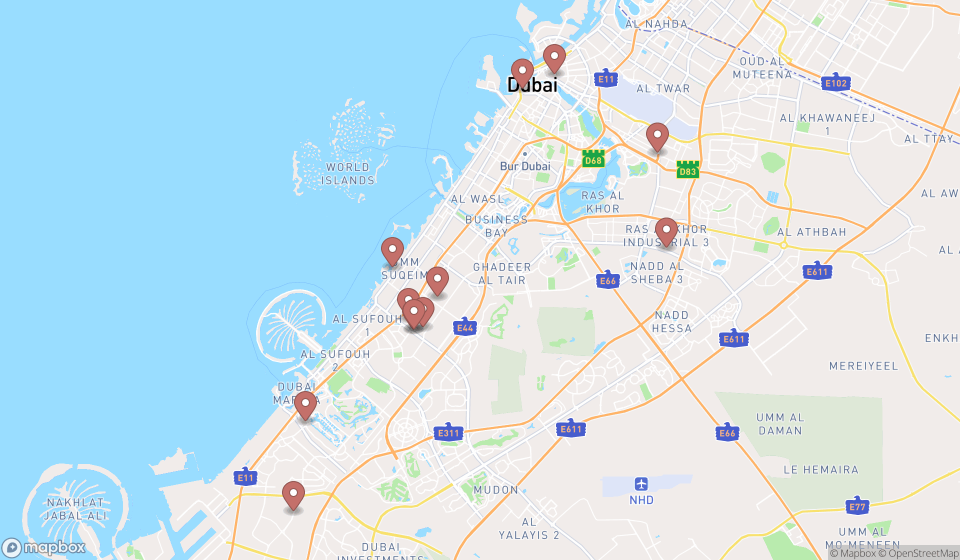 Map showing the search results in Dubai
