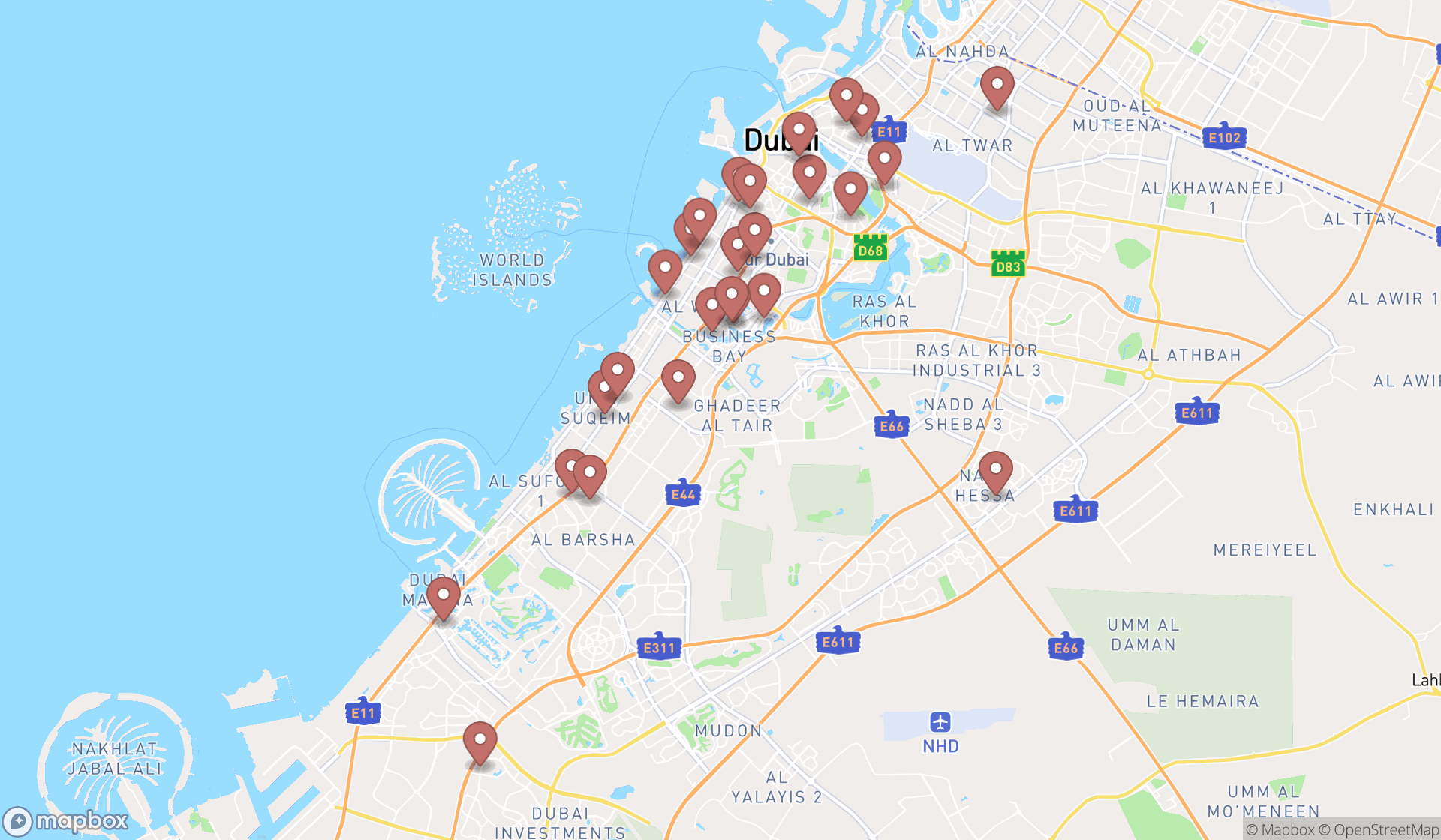 Map showing the search results in Dubai