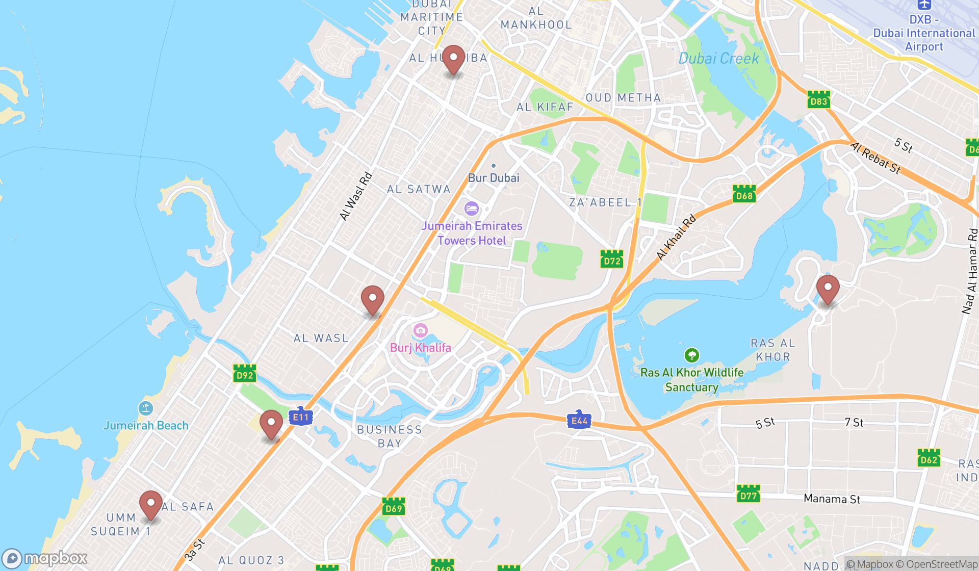 Map showing the search results in Dubai